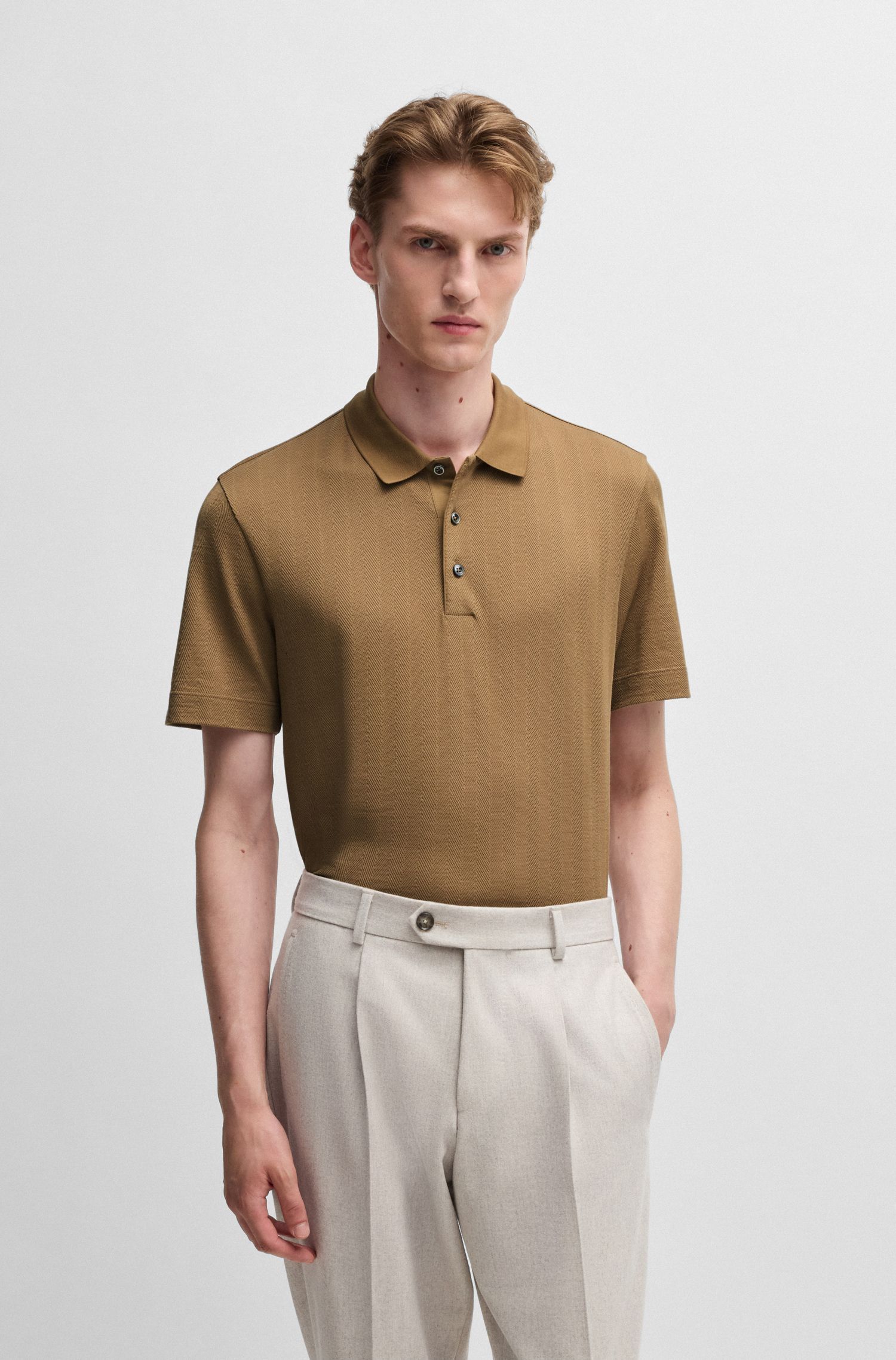 BOSS - Áo polo hoạ tiết jacquard chất cotton và len