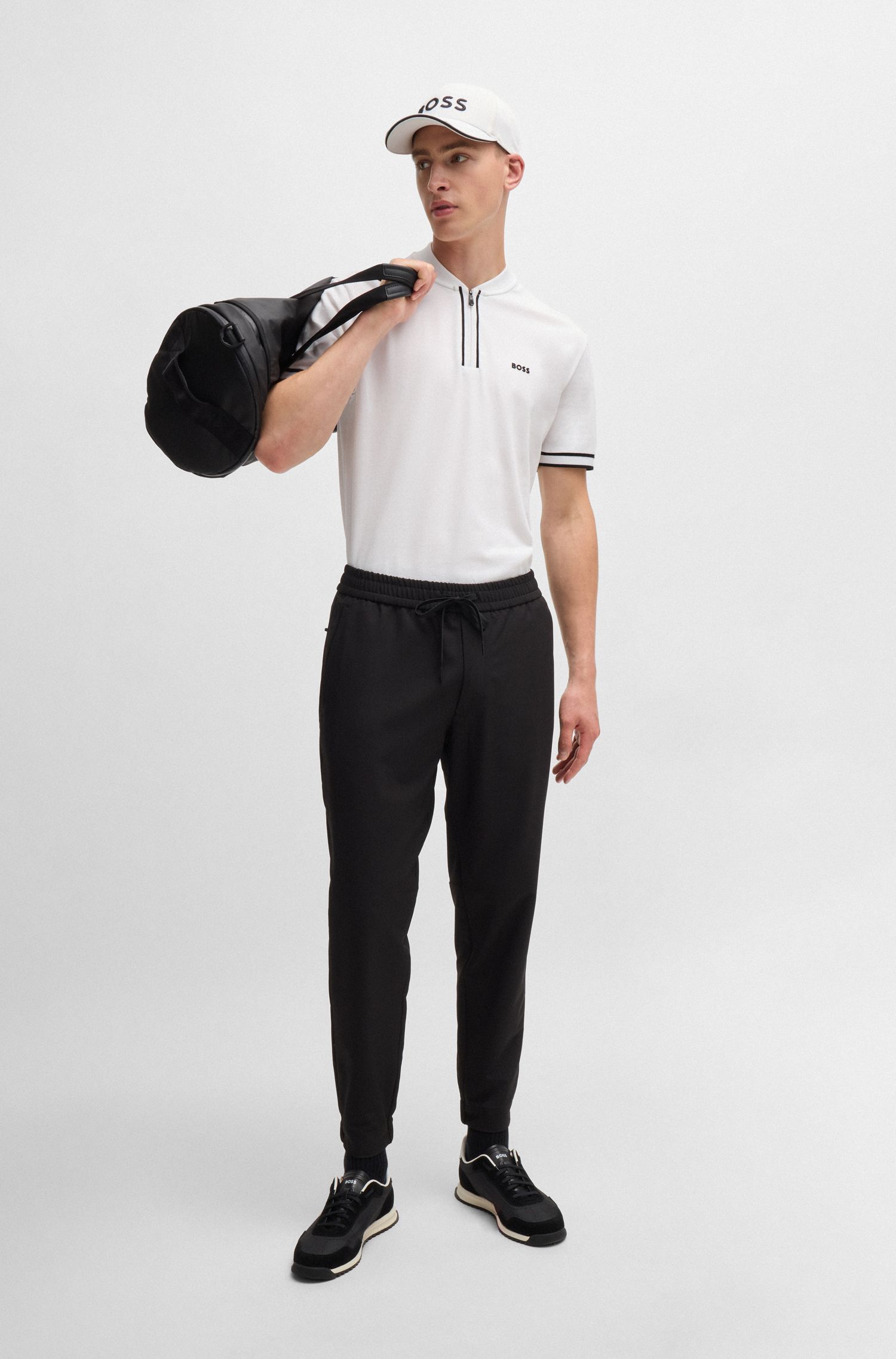 BOSS - Áo polo cổ khóa kéo vải cotton piqué