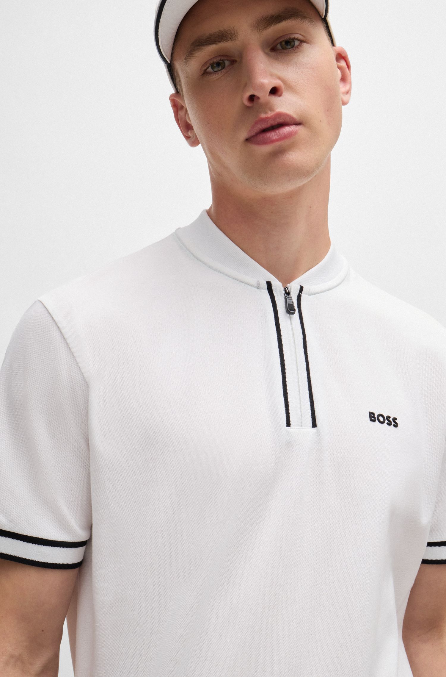 BOSS - Áo polo cổ khóa kéo vải cotton piqué
