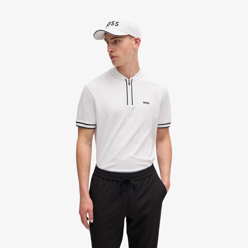 BOSS - Áo polo cổ khóa kéo vải cotton piqué