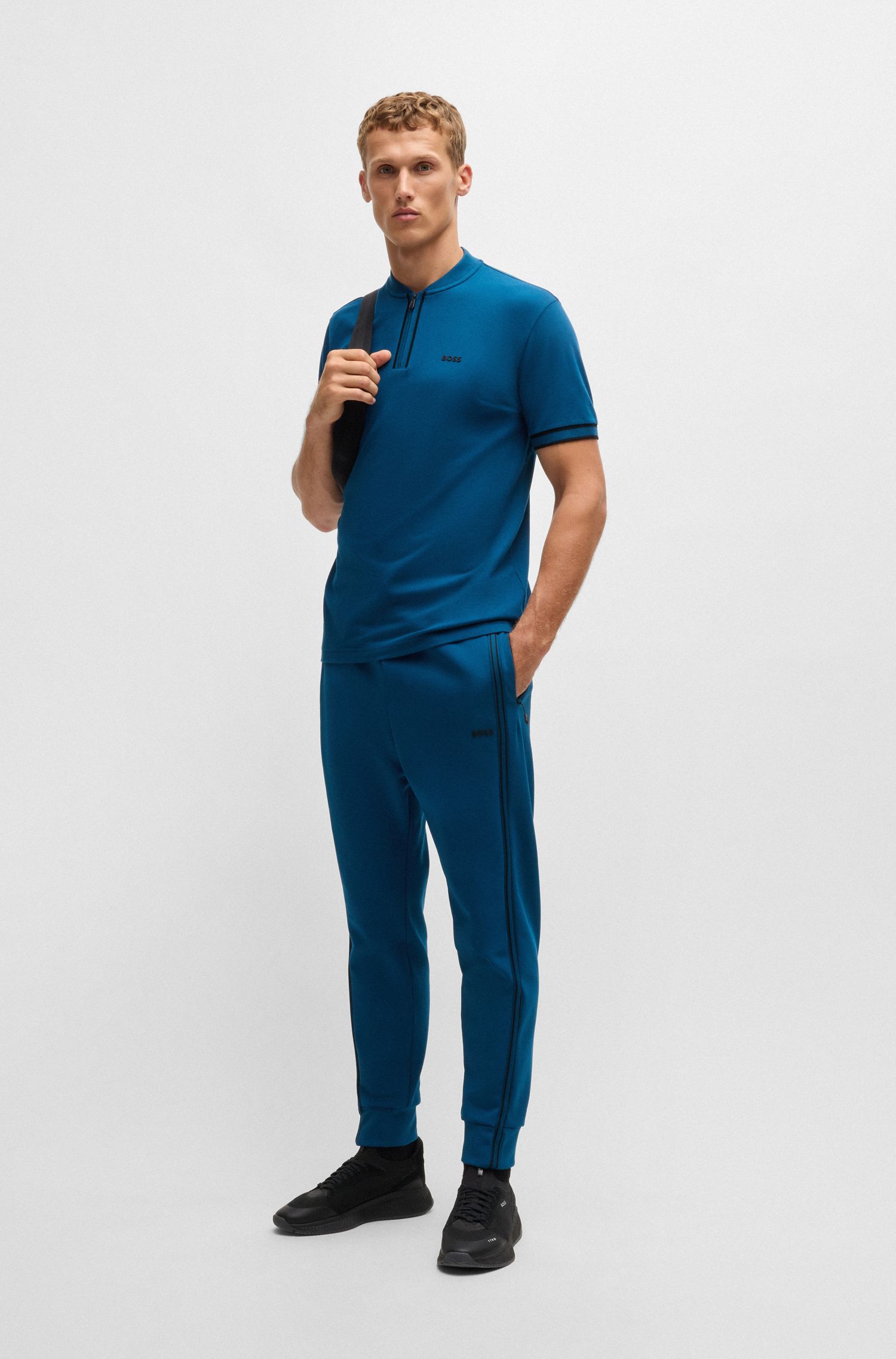 BOSS - Áo polo cổ khóa kéo vải cotton piqué