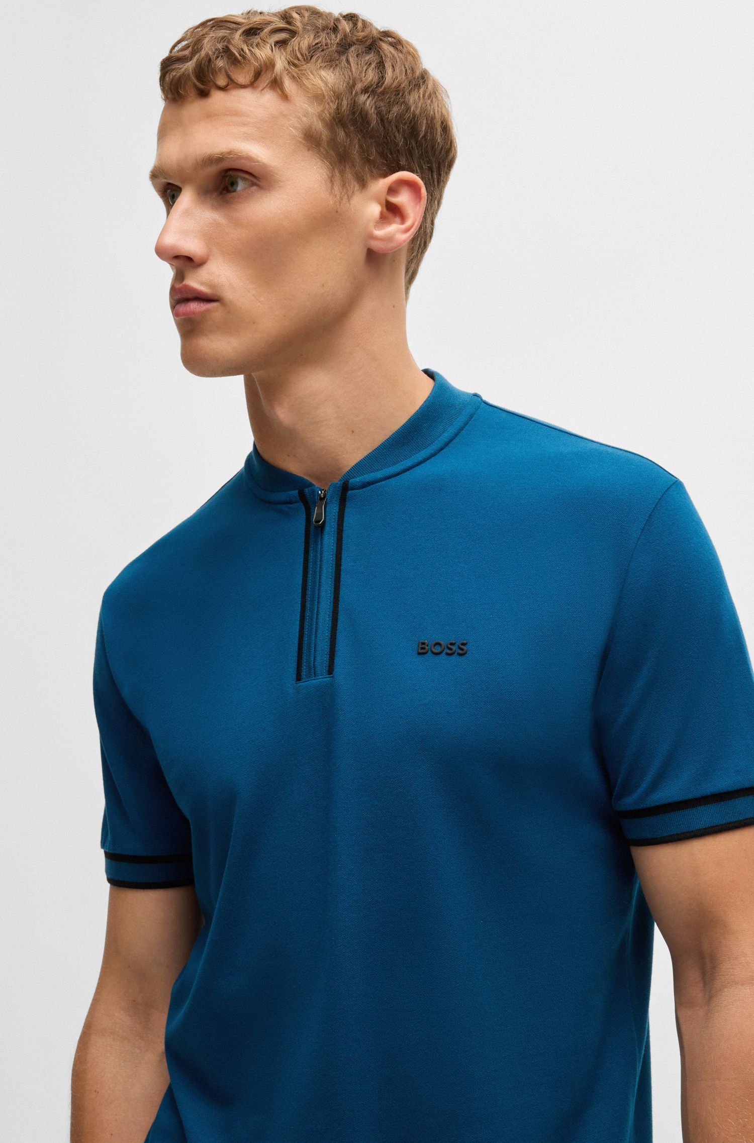 BOSS - Áo polo cổ khóa kéo vải cotton piqué