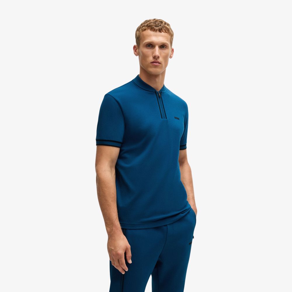 BOSS - Áo polo cổ khóa kéo vải cotton piqué