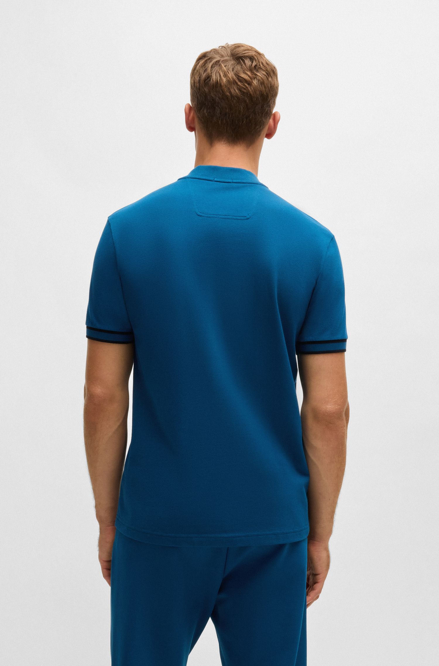 BOSS - Áo polo cổ khóa kéo vải cotton piqué