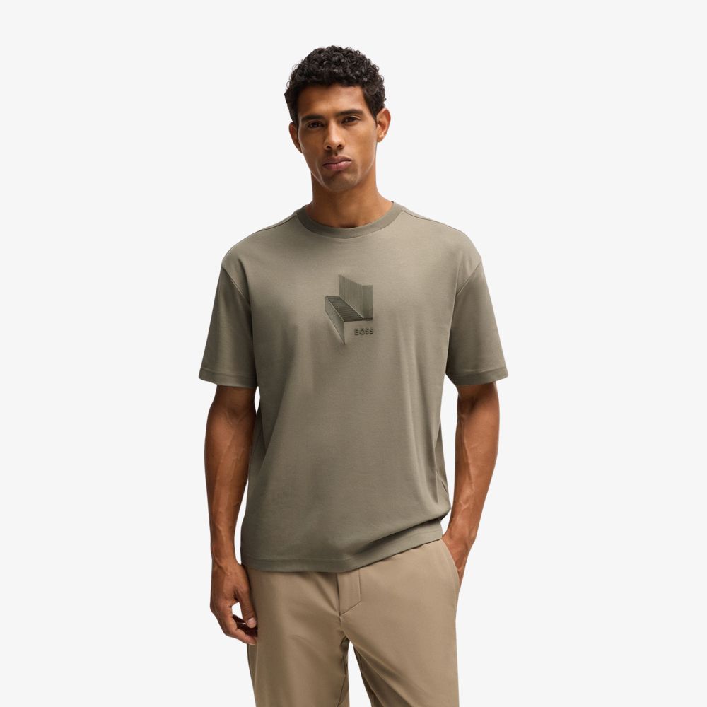 BOSS - Áo thun dáng rộng relaxed fit vải cotton interlock