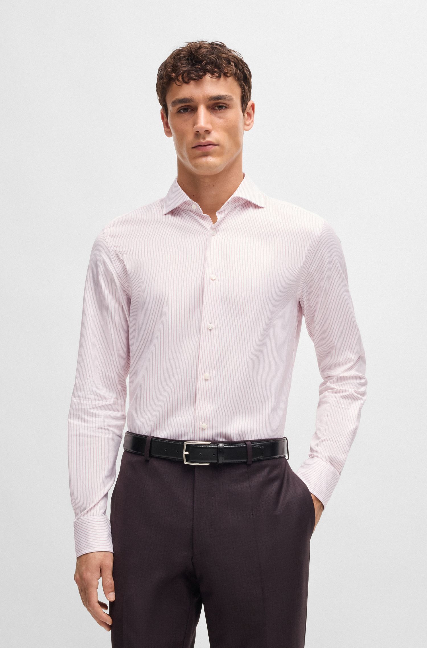 Áo sơ mi dáng ôm slim fit vải cotton sọc