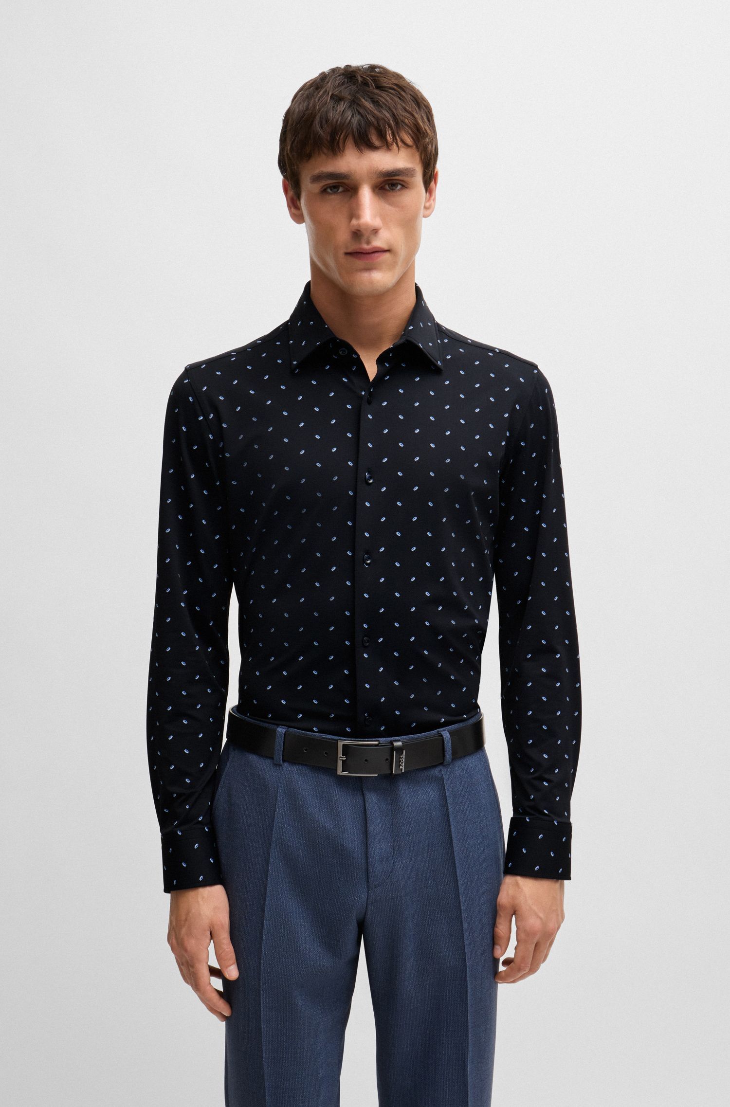 BOSS - Áo sơ mi dáng slim-fit chất vải co giãn in hoạ tiết