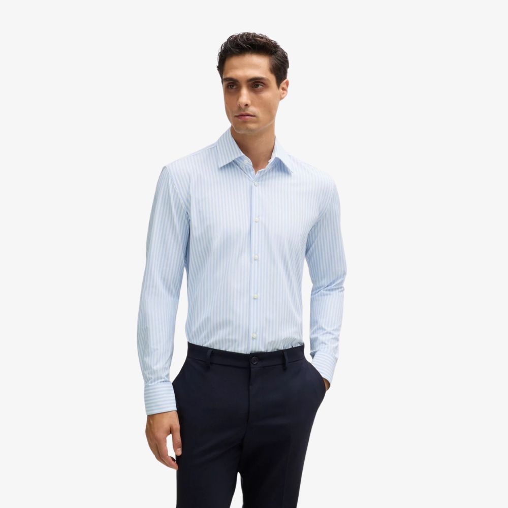 BOSS - Áo sơ mi dáng slim-fit chất vải co giãn kẻ sọc