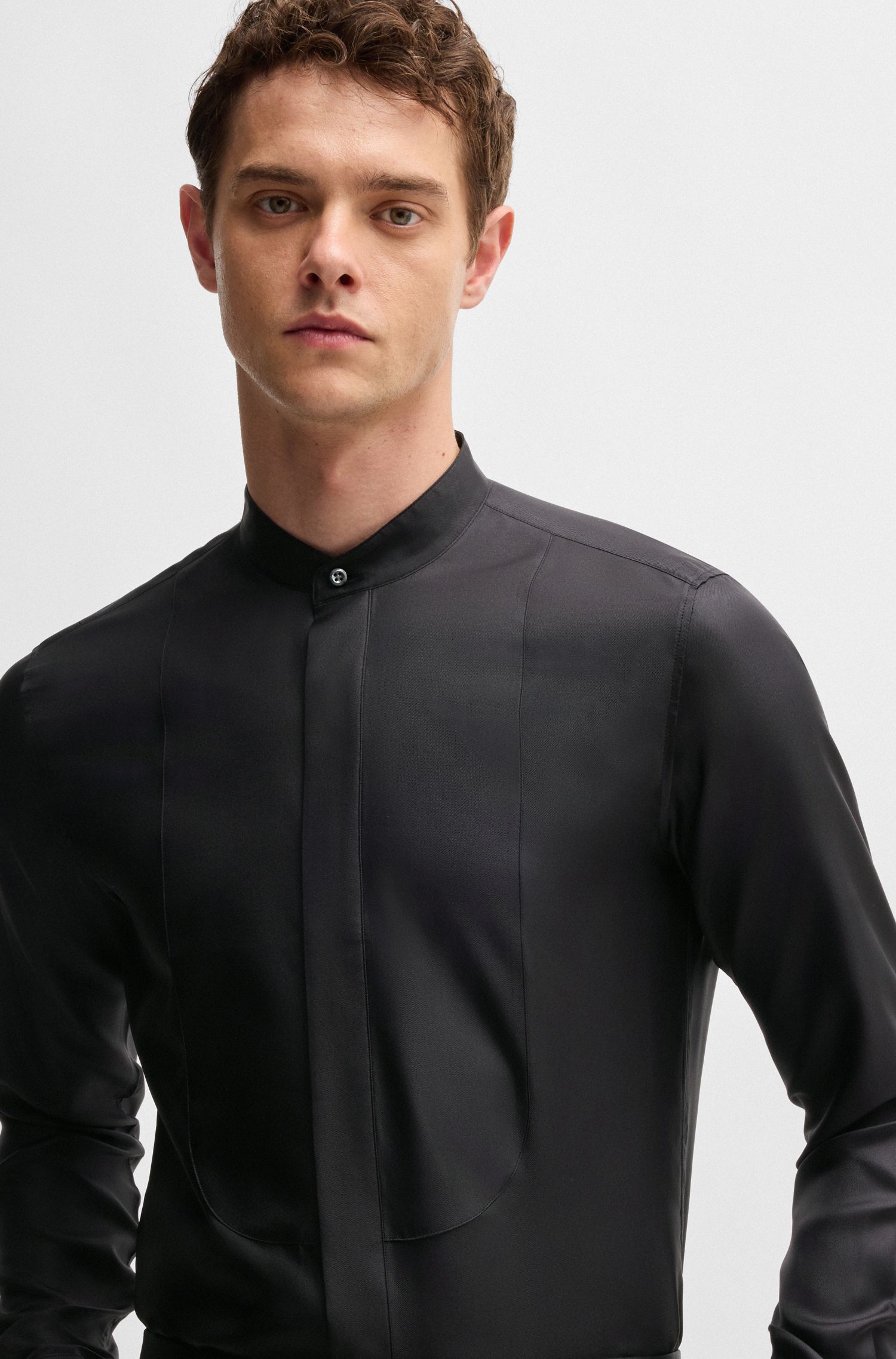 BOSS - Áo sơ mi dáng ôm slim fit vải lụa Ý cao cấp