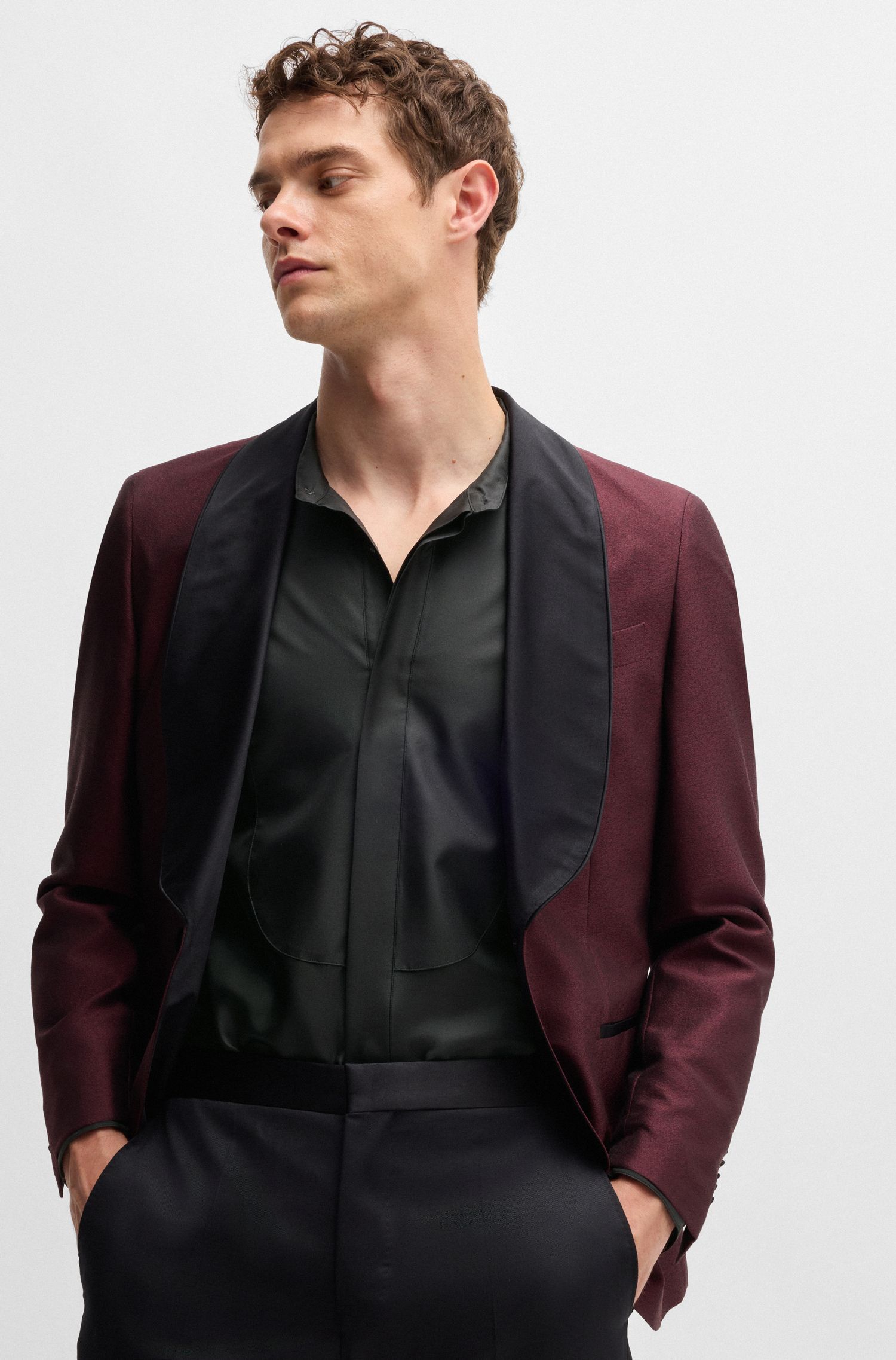 BOSS - Áo sơ mi dáng ôm slim fit vải lụa Ý cao cấp