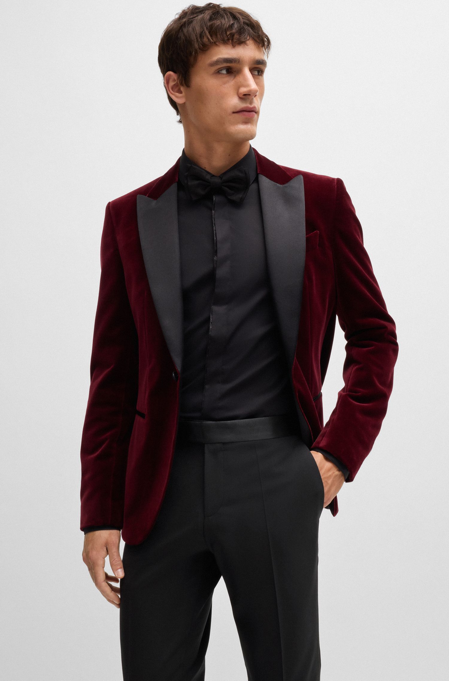 BOSS - Quần tây tuxedo dáng slim-fit bằng vải len co giãn