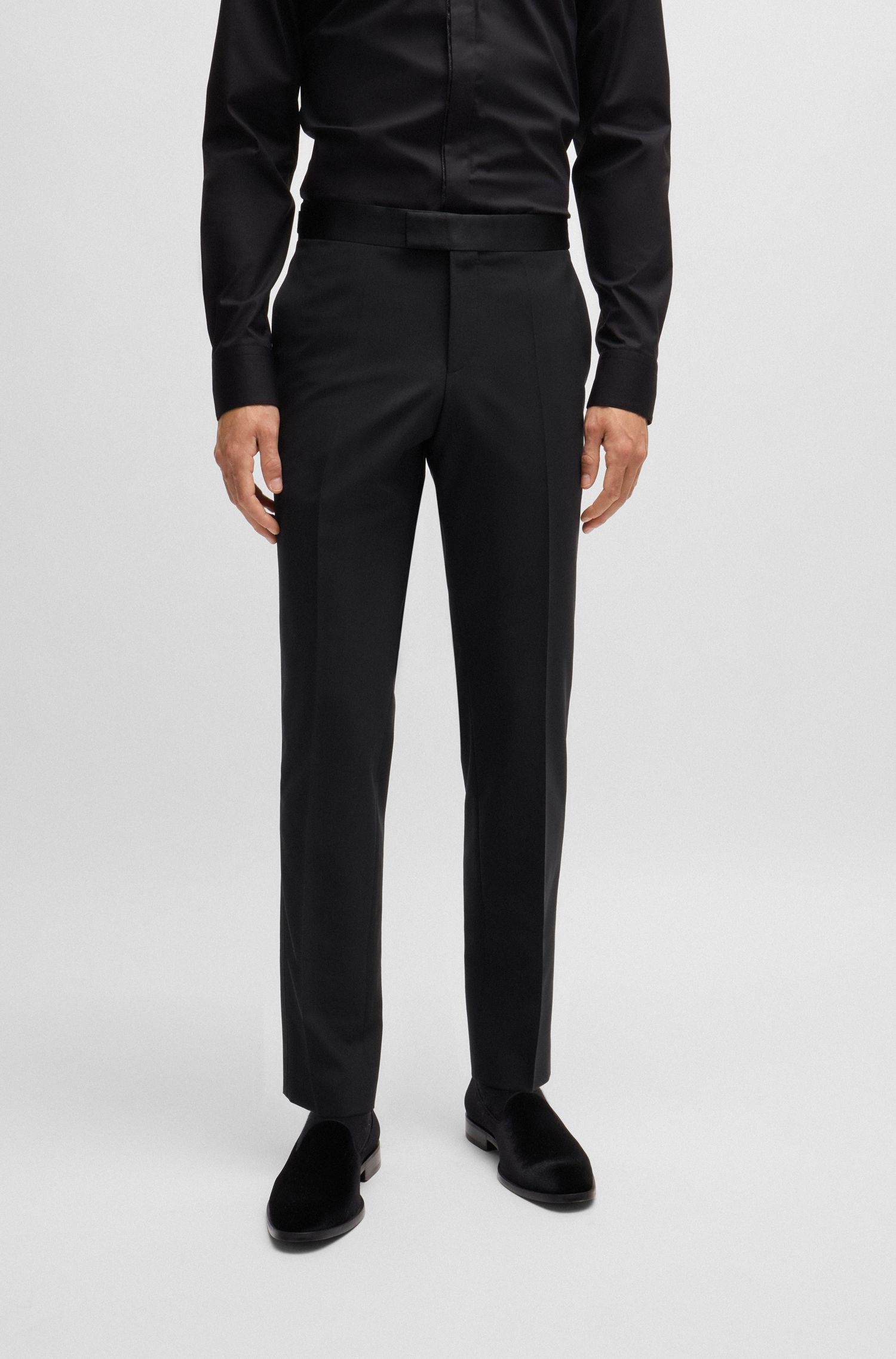 BOSS - Quần tây tuxedo dáng slim-fit bằng vải len co giãn