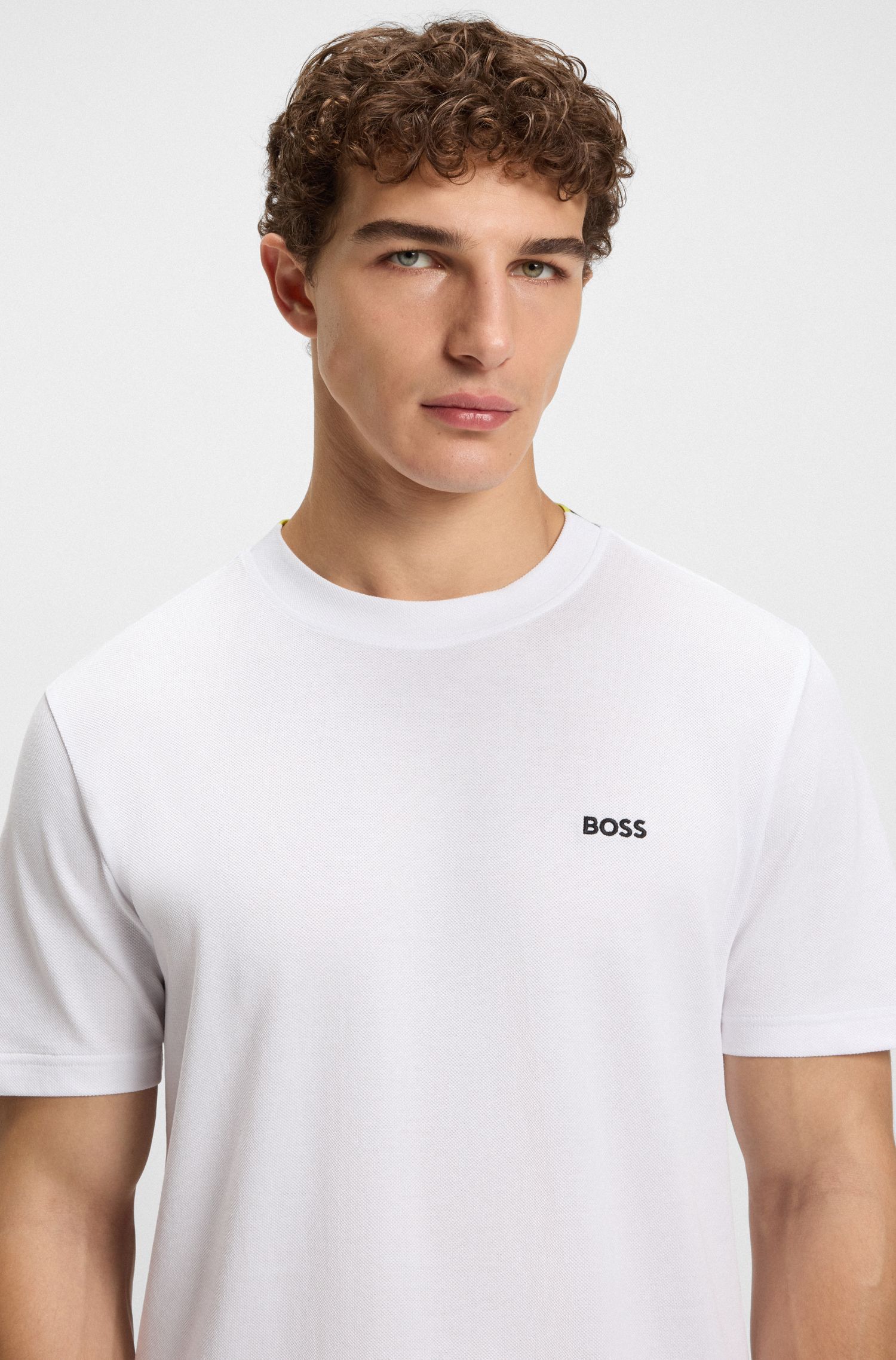 BOSS - Áo thun cotton-piqué có sọc đặc trưng