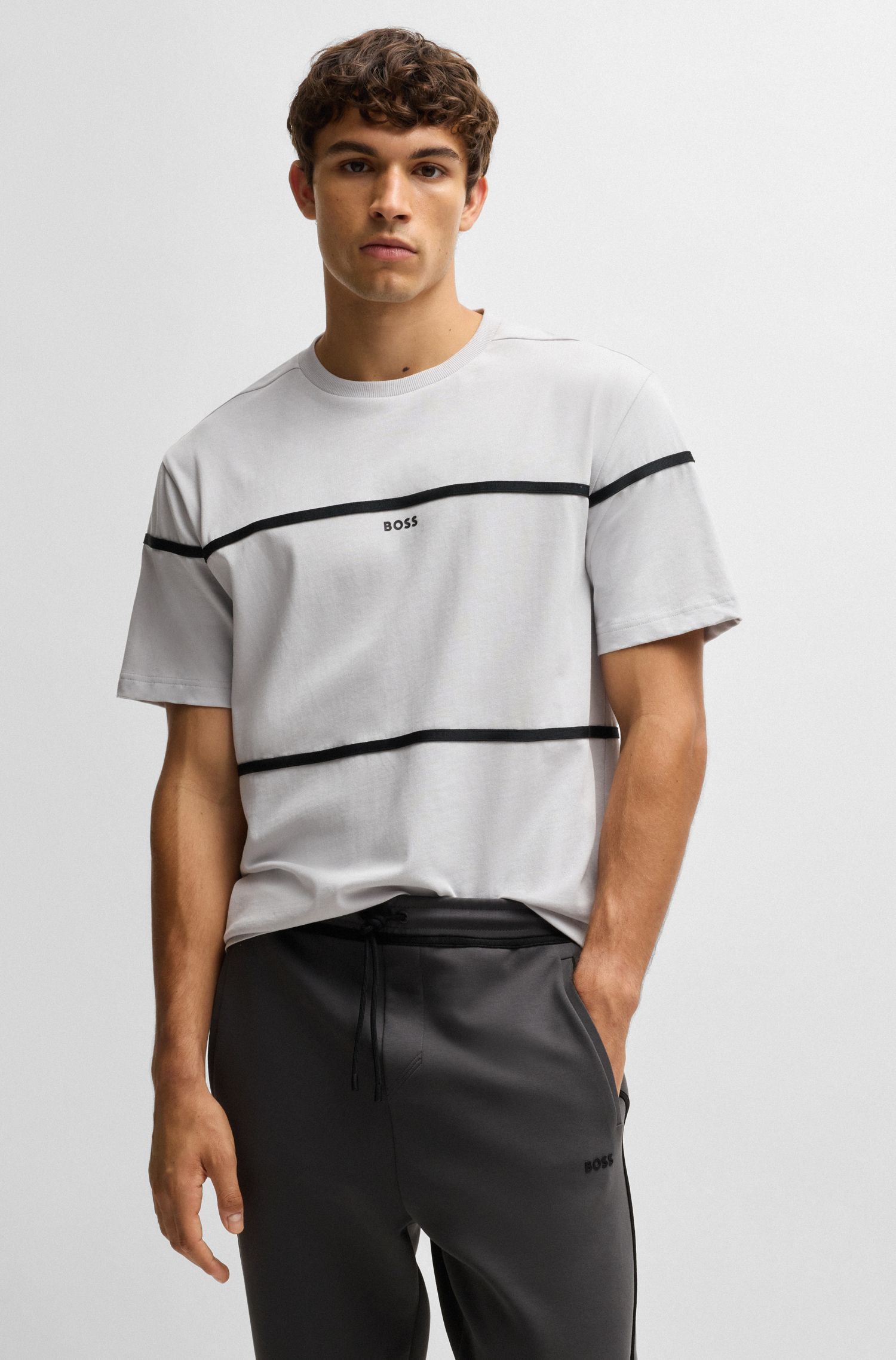 BOSS - Quần thể thao vải cotton pha với sọc kẻ