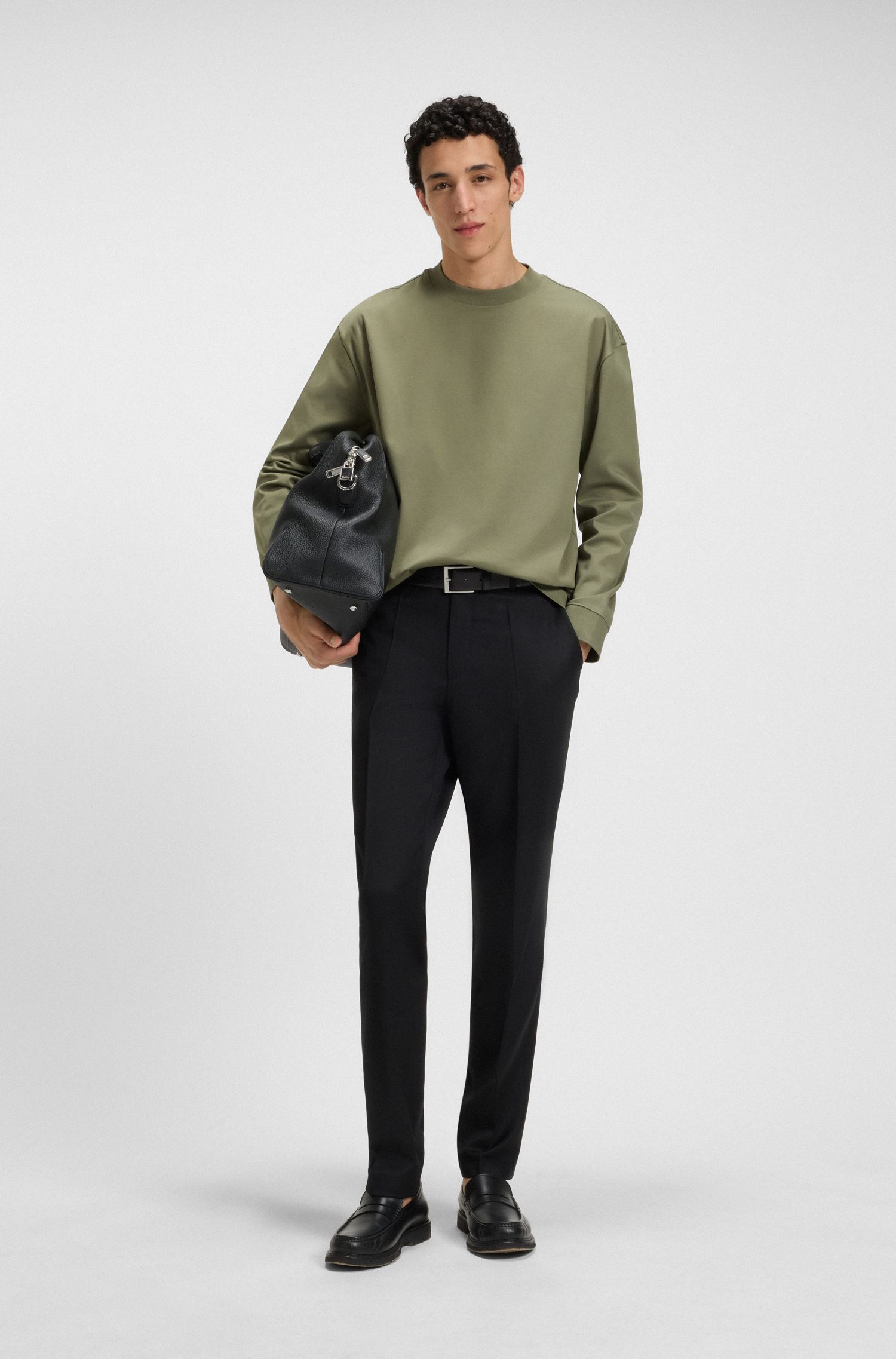 BOSS - Áo thun dài tay relaxed-fit vải cotton mercerized