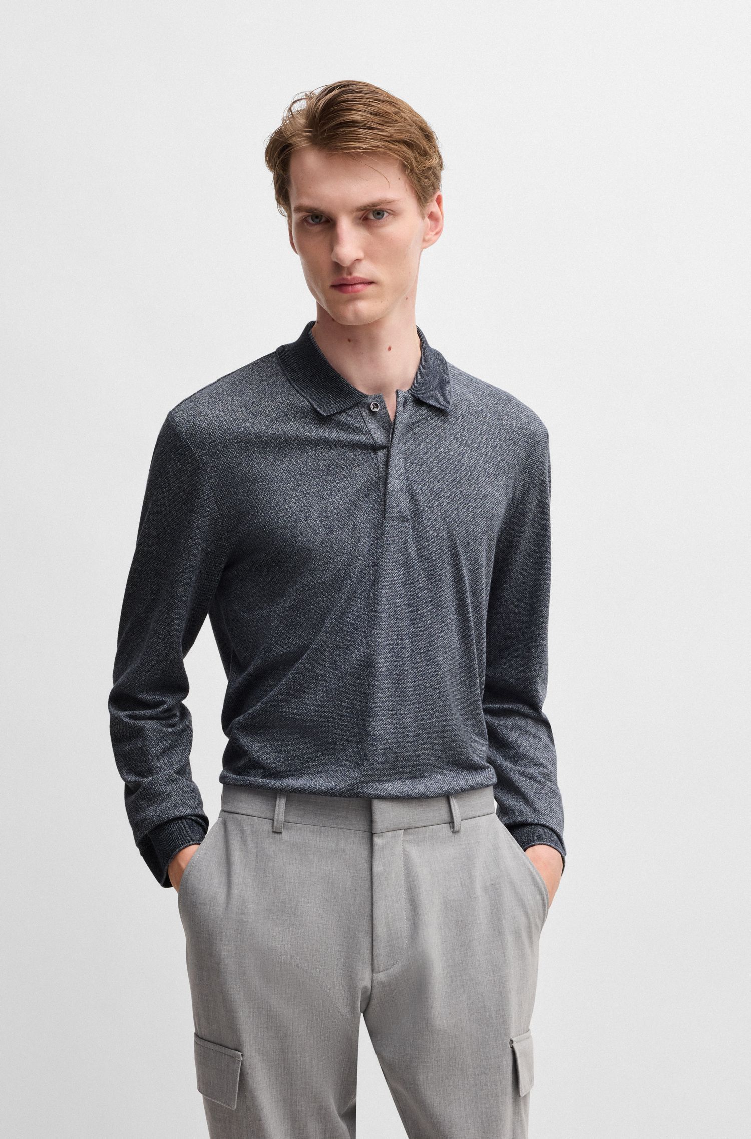 Áo polo dệt kim tay dài vải cotton mouliné và lụa