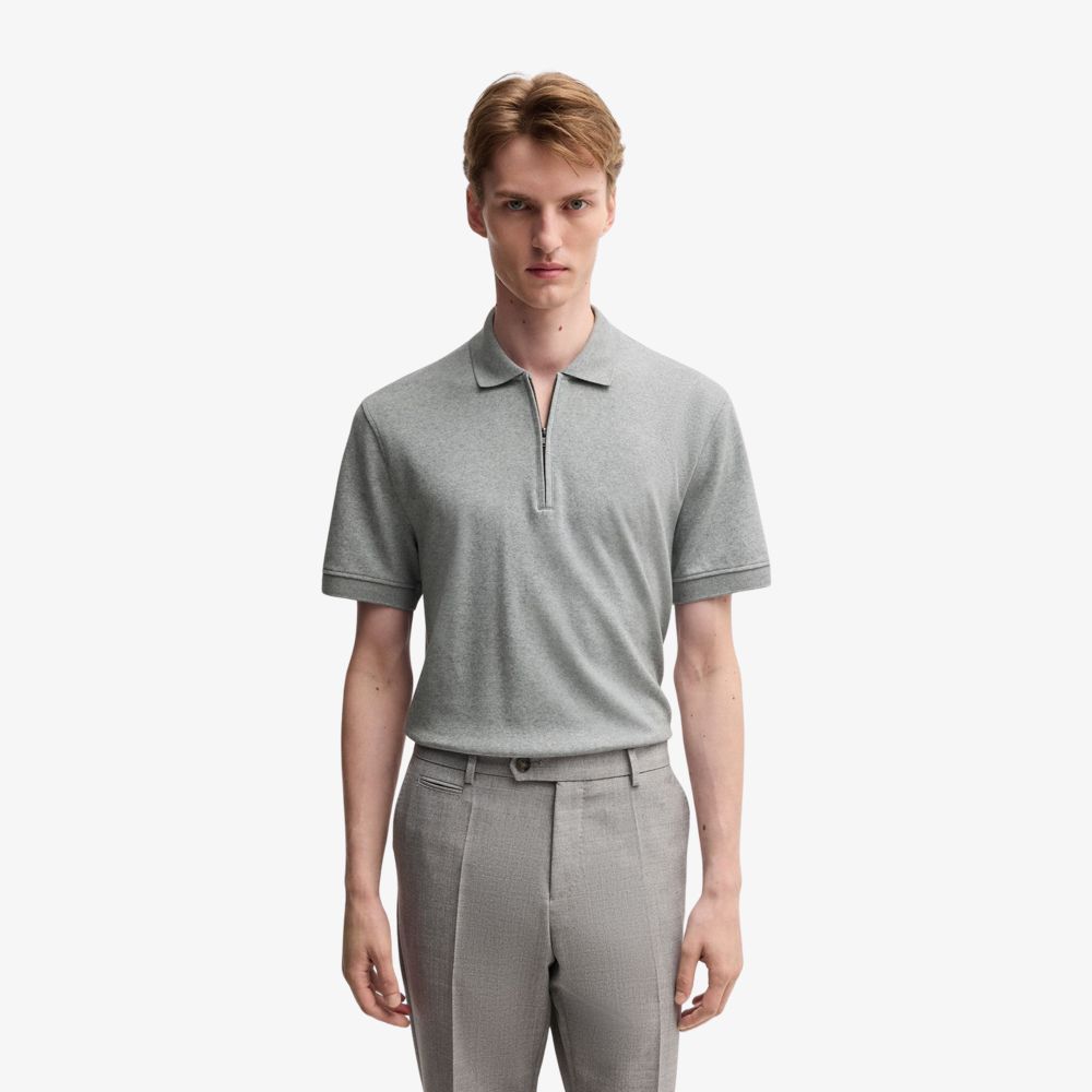 BOSS - Áo polo cổ kéo khóa vải cotton và cashmere
