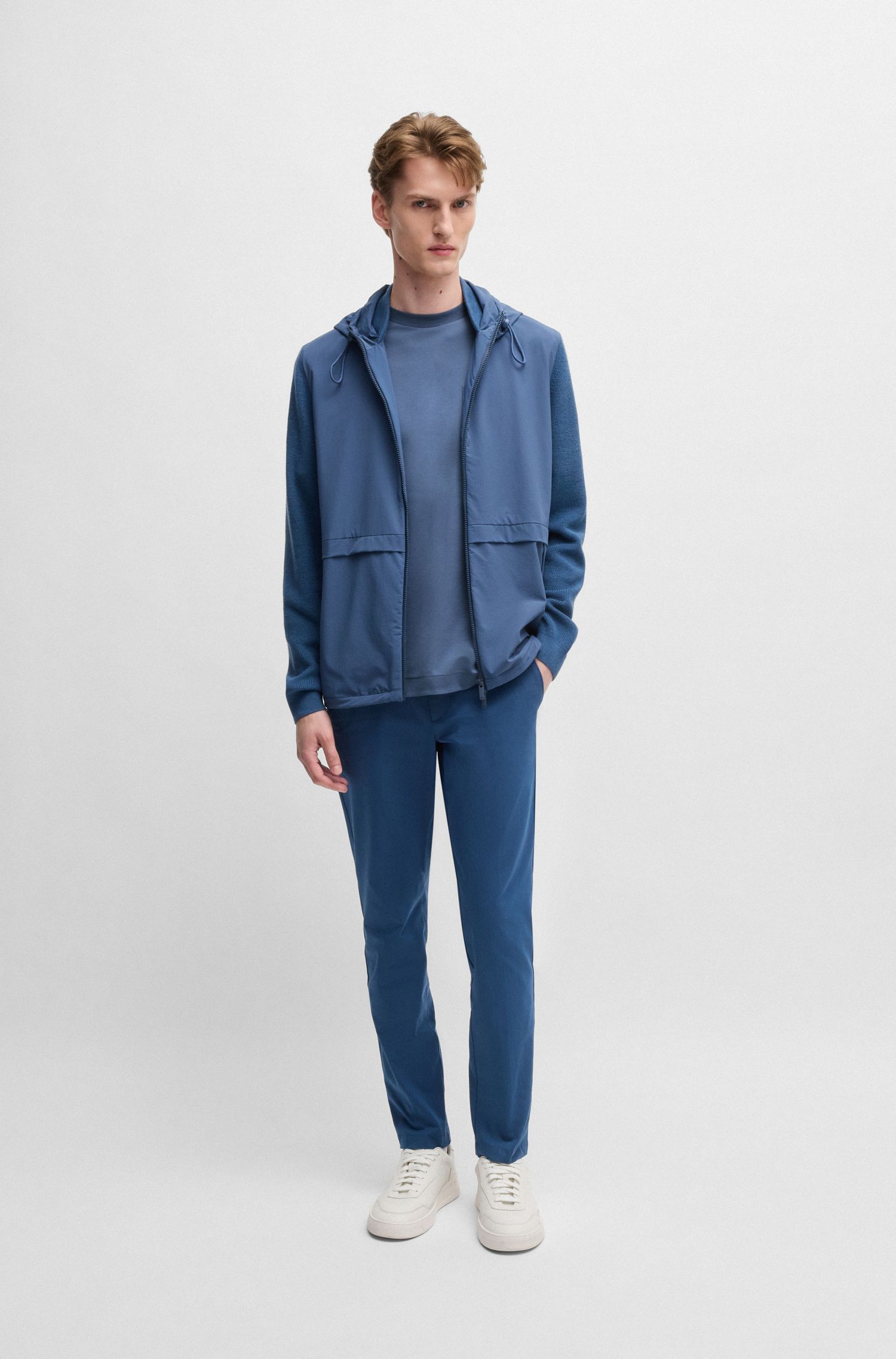 BOSS - Áo thun pha cotton với viền đồng sắc