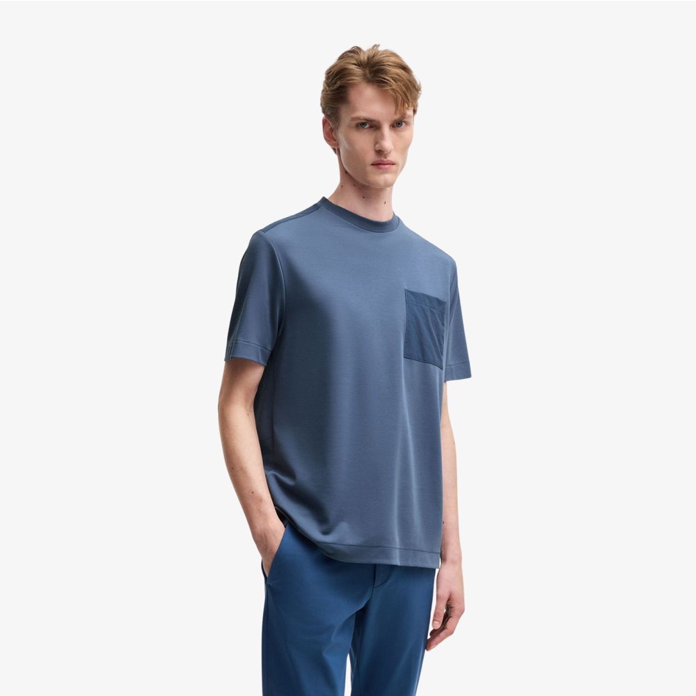 BOSS - Áo thun pha cotton với viền đồng sắc
