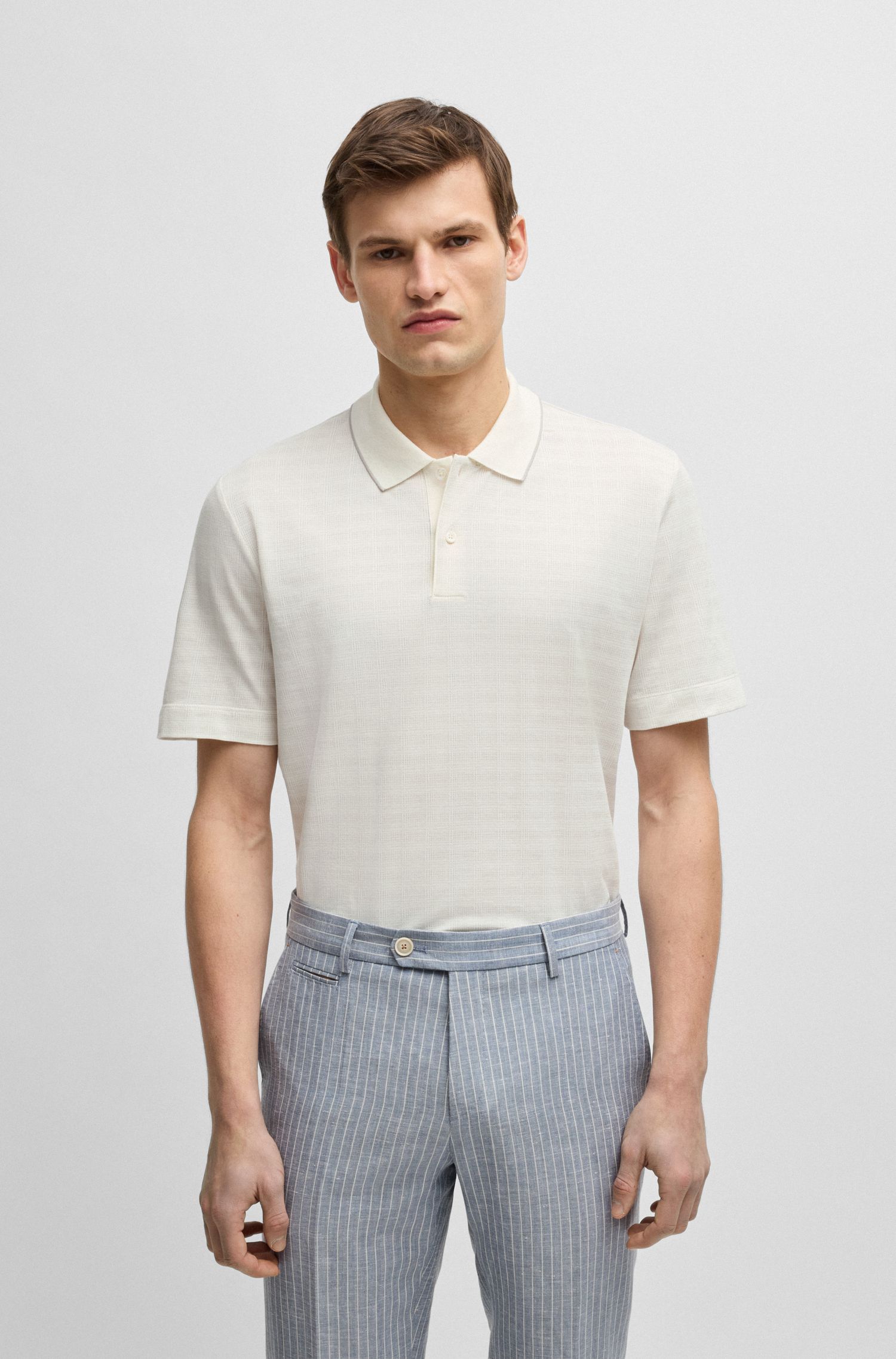 Áo polo dáng relaxed fit vải cotton-lụa họa tiết kẻ jacquard