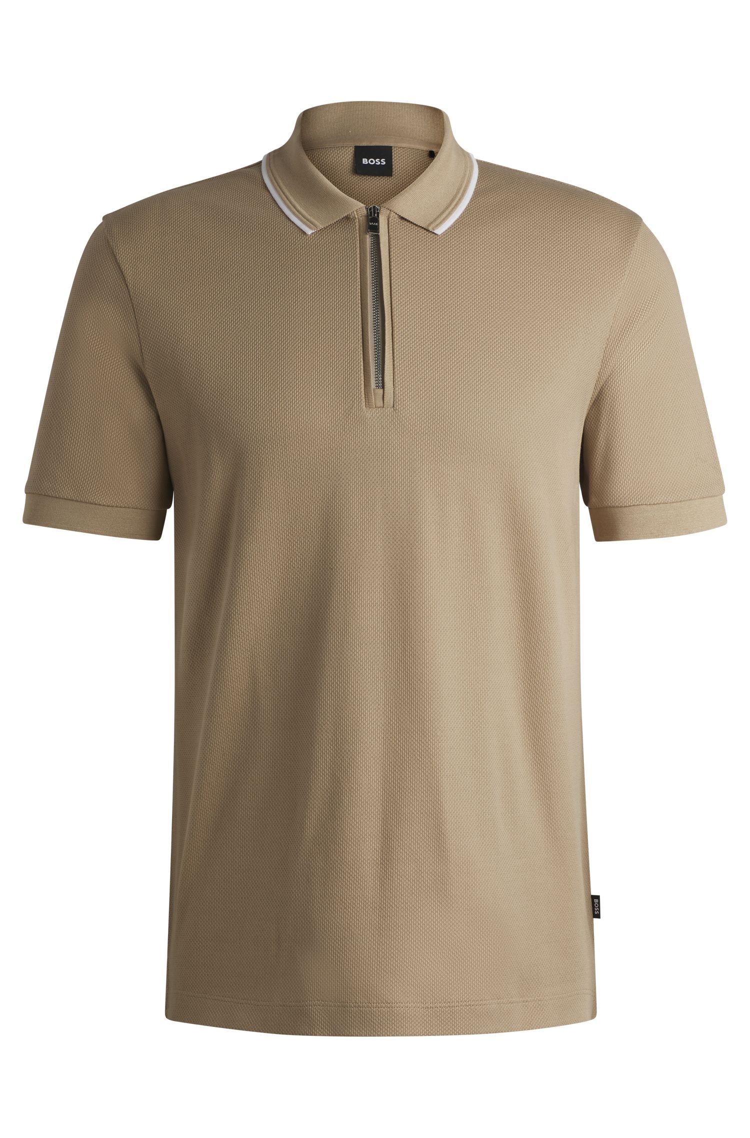 BOSS - Áo polo cotton dệt nổi cổ khóa kéo
