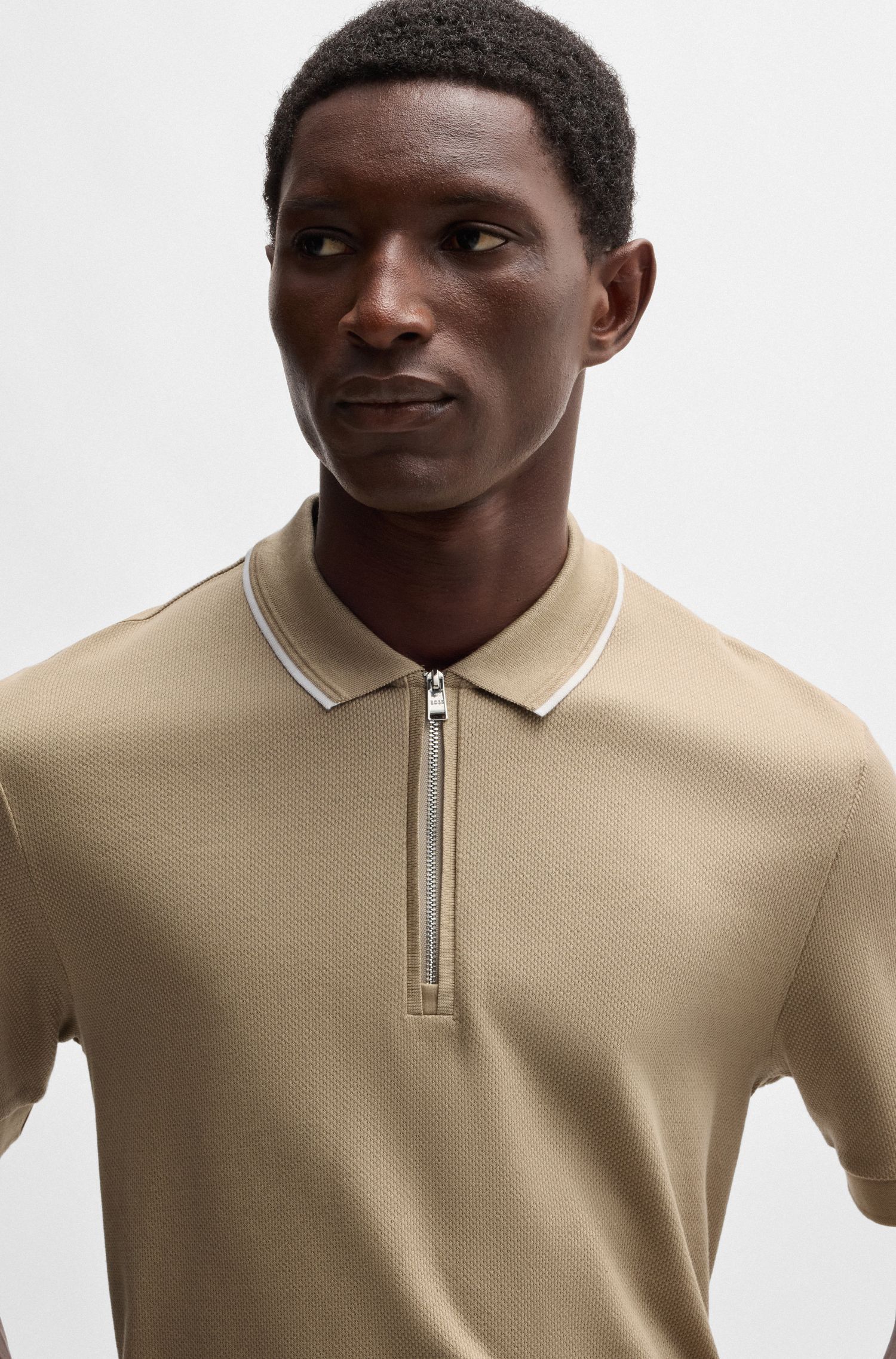 BOSS - Áo polo cotton dệt nổi cổ khóa kéo