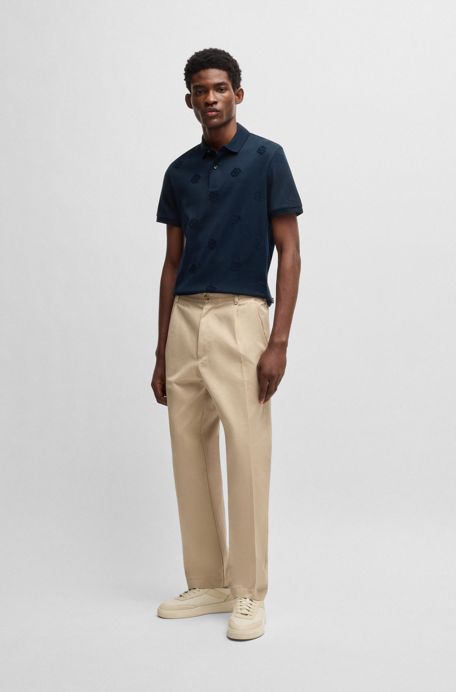 BOSS - Áo polo cotton mercerized họa tiết Double B