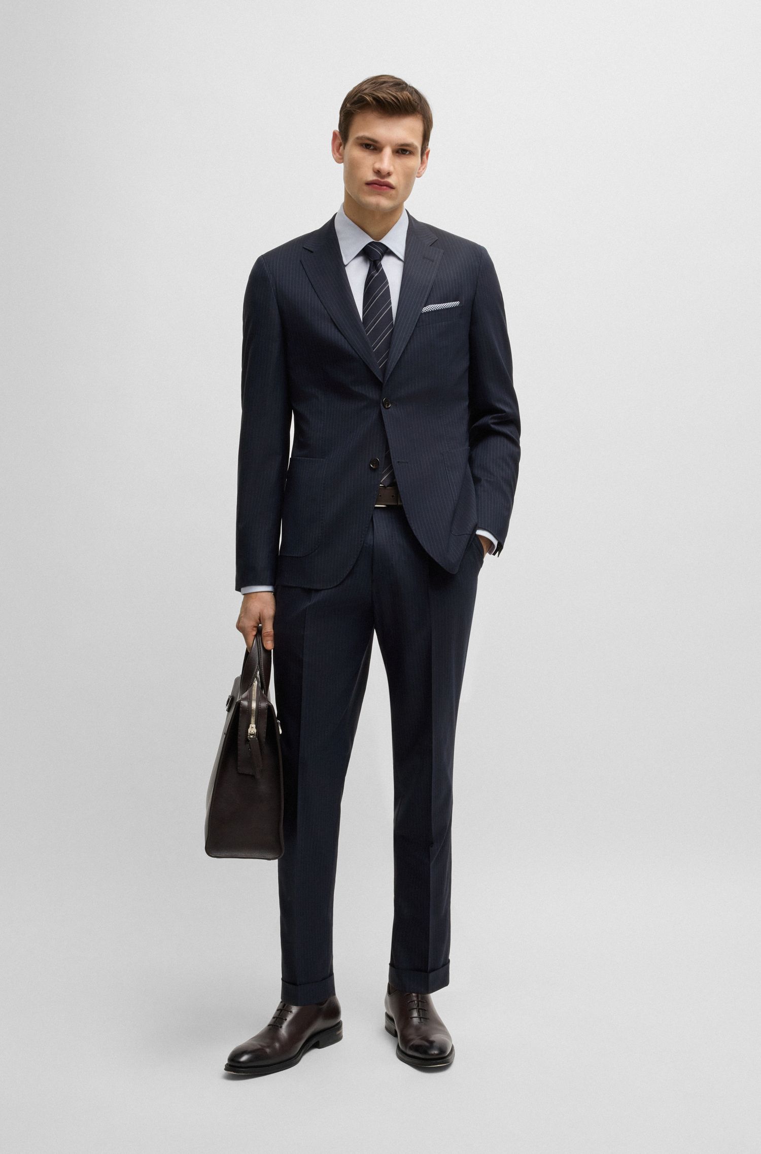 BOSS - Bộ vest dáng slim fit vải len pha sọc