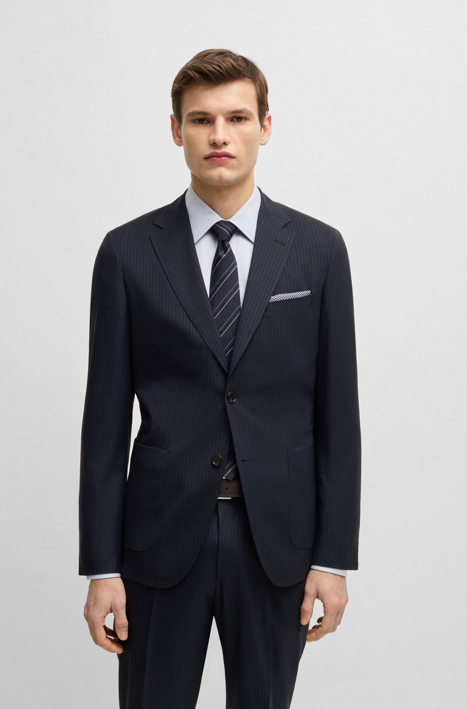 BOSS - Bộ vest dáng slim fit vải len pha sọc