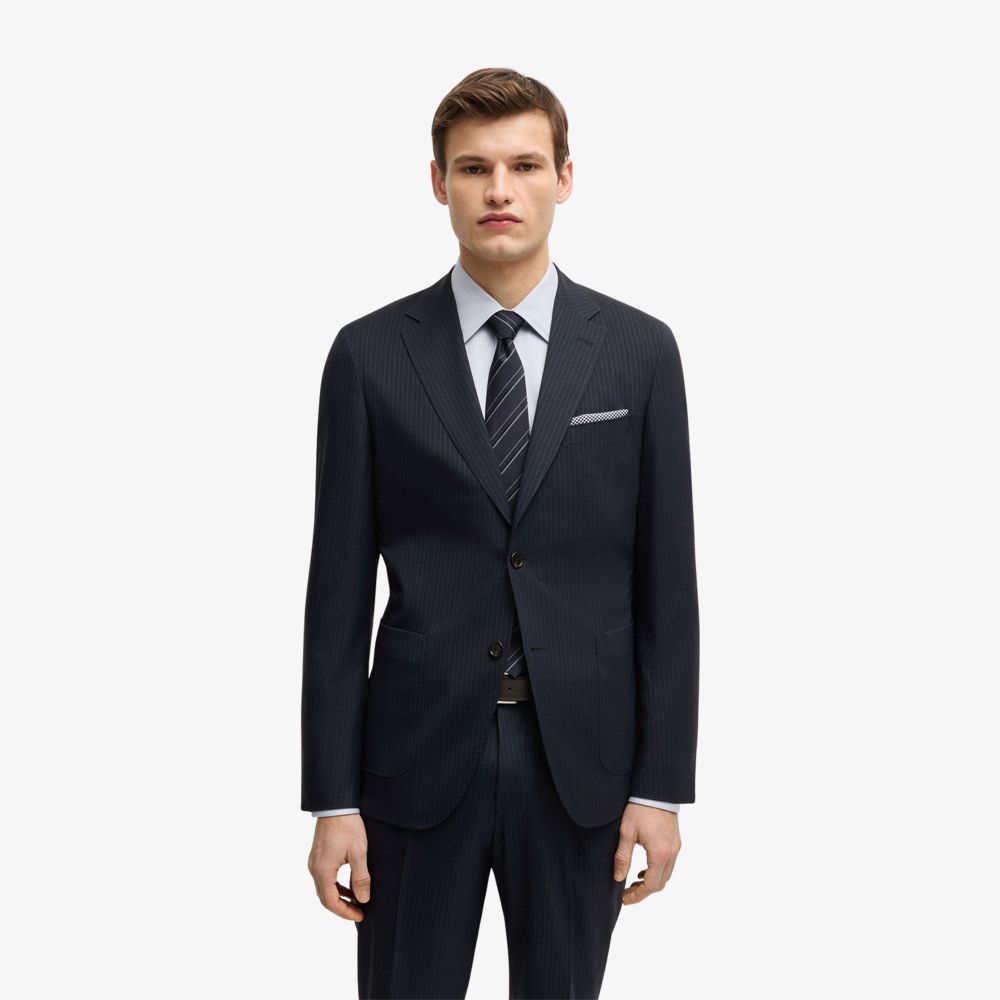 BOSS - Bộ vest dáng slim fit vải len pha sọc