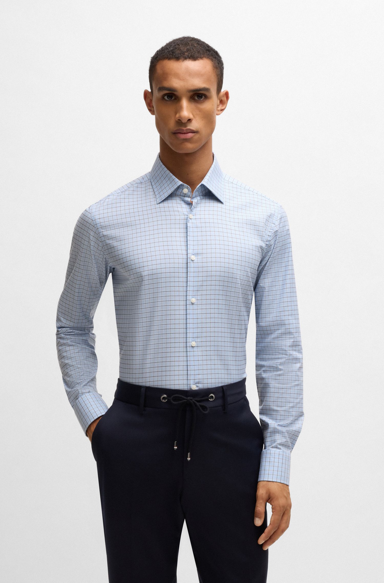 BOSS - Áo sơ mi dáng regular fit vải cotton Oxford co giãn họa tiết kẻ