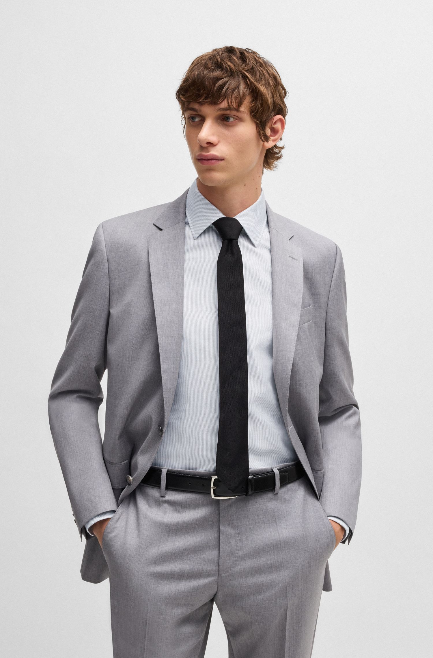 BOSS - Áo sơ mi dáng ôm slim fit từ vải cotton sọc chéo