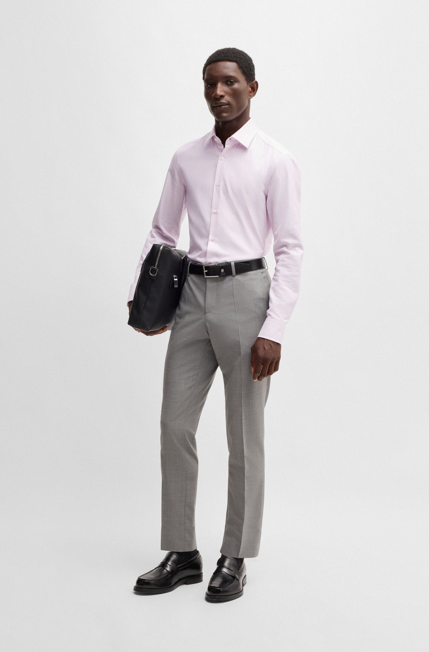 BOSS - Áo sơ mi dáng ôm slim fit từ vải cotton sọc chéo