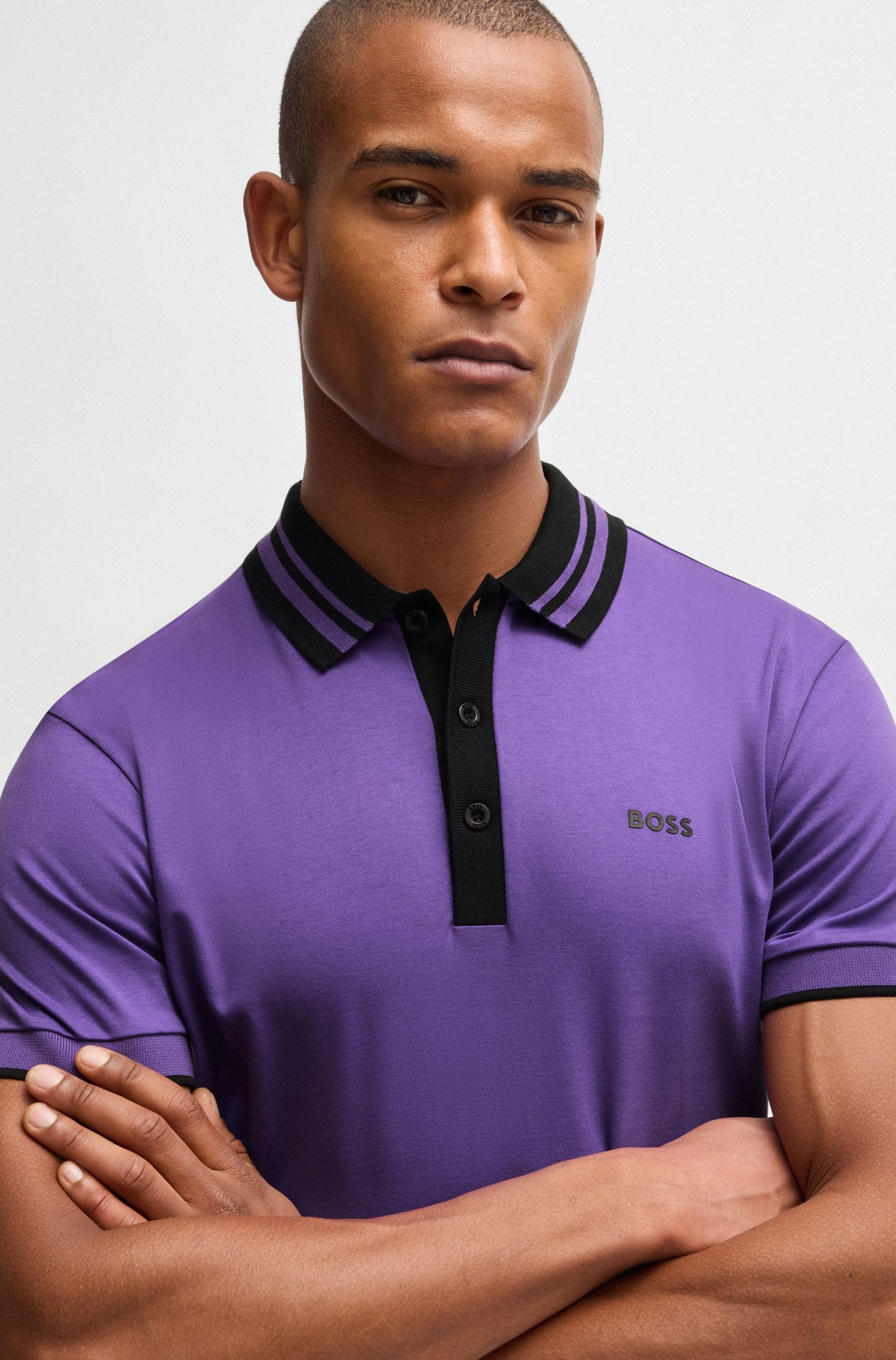 BOSS - Áo polo cotton interlock cổ sọc