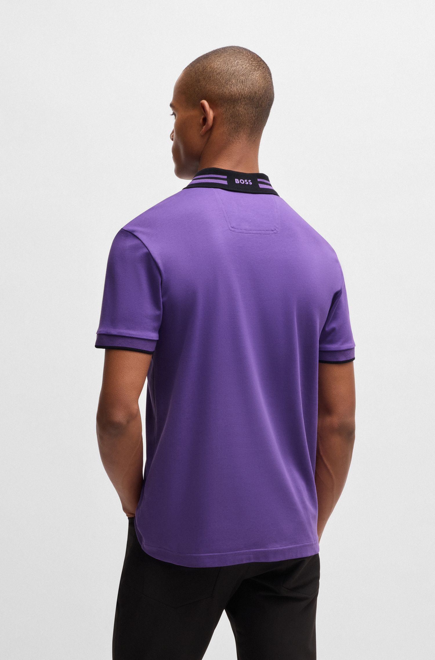 BOSS - Áo polo cotton interlock cổ sọc