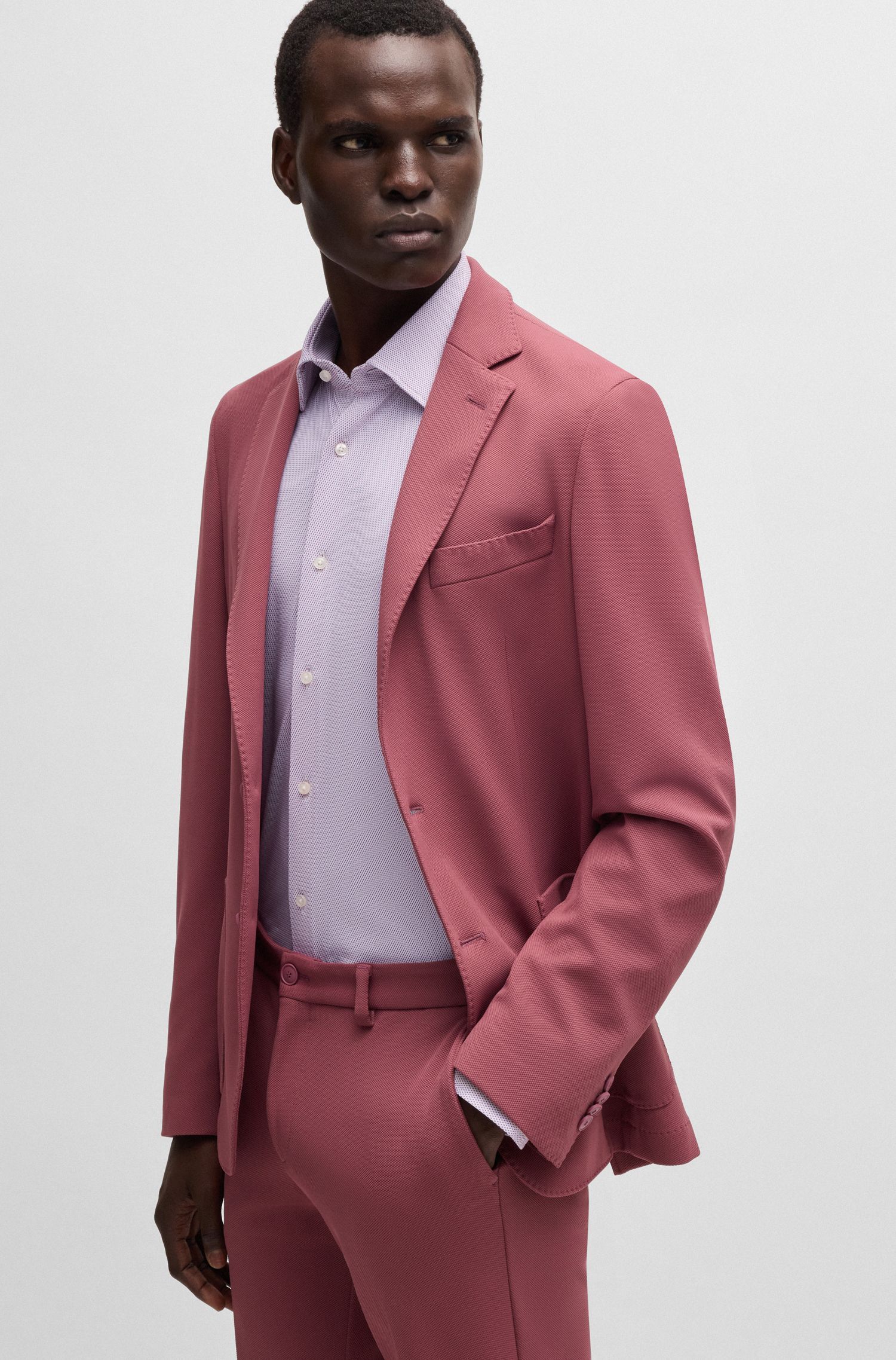 BOSS - Áo sơ mi dáng slim-fit vải jersey co giãn