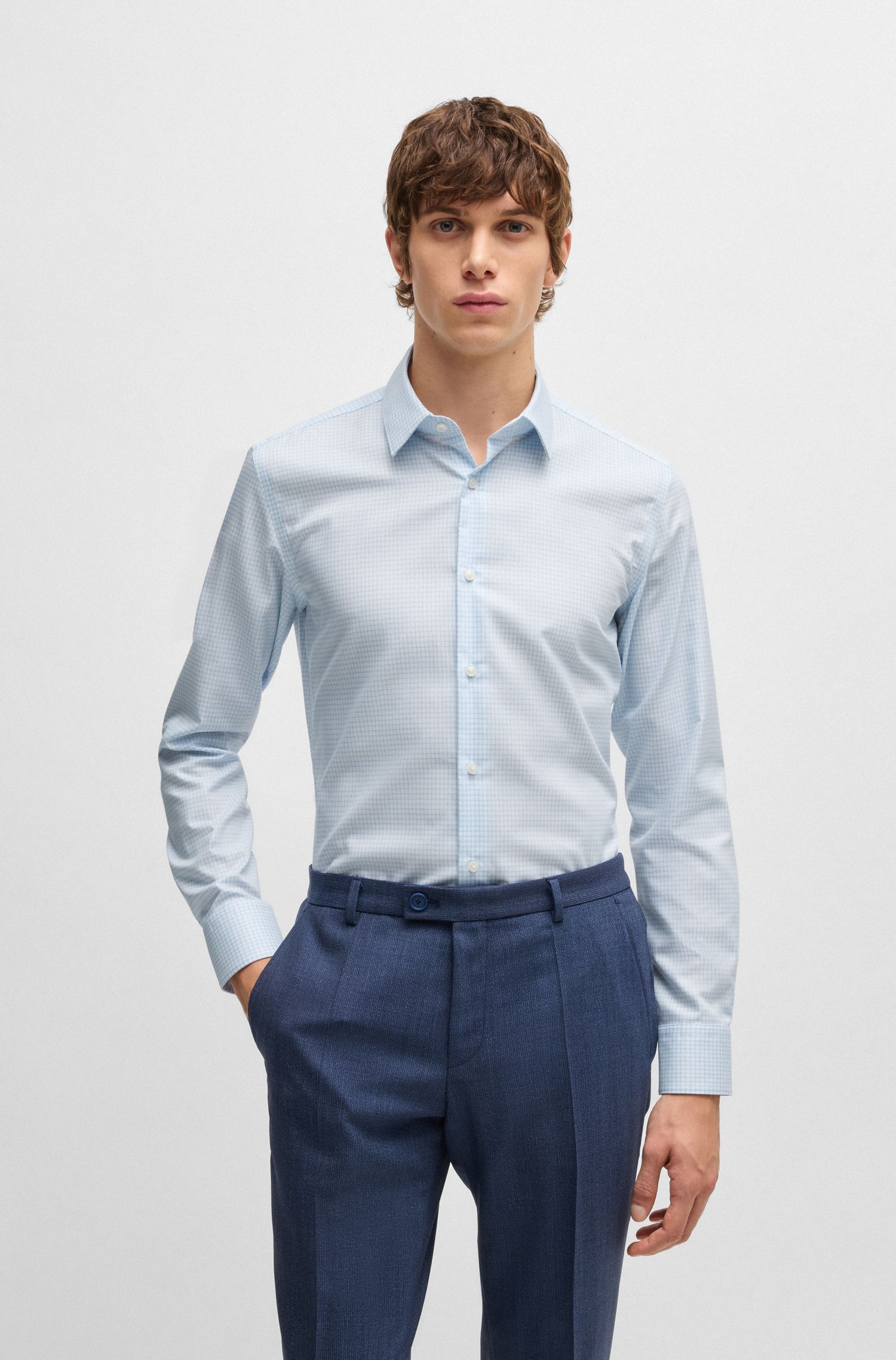 Áo sơ mi dáng slim-fit vải cotton Oxford có họa tiết
