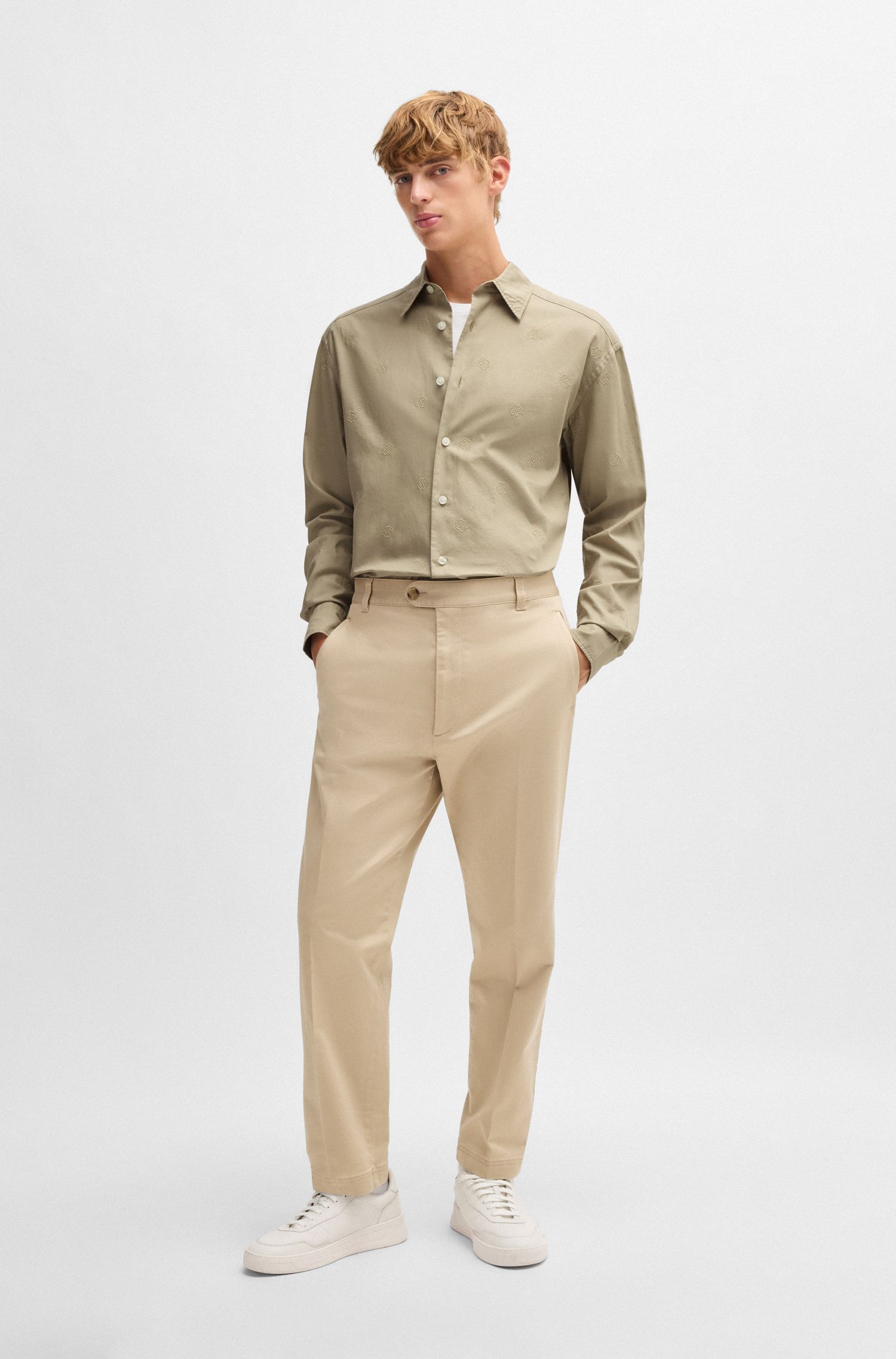 BOSS - Áo sơ mi dáng relaxed fit vải cotton với monogram Double B thêu