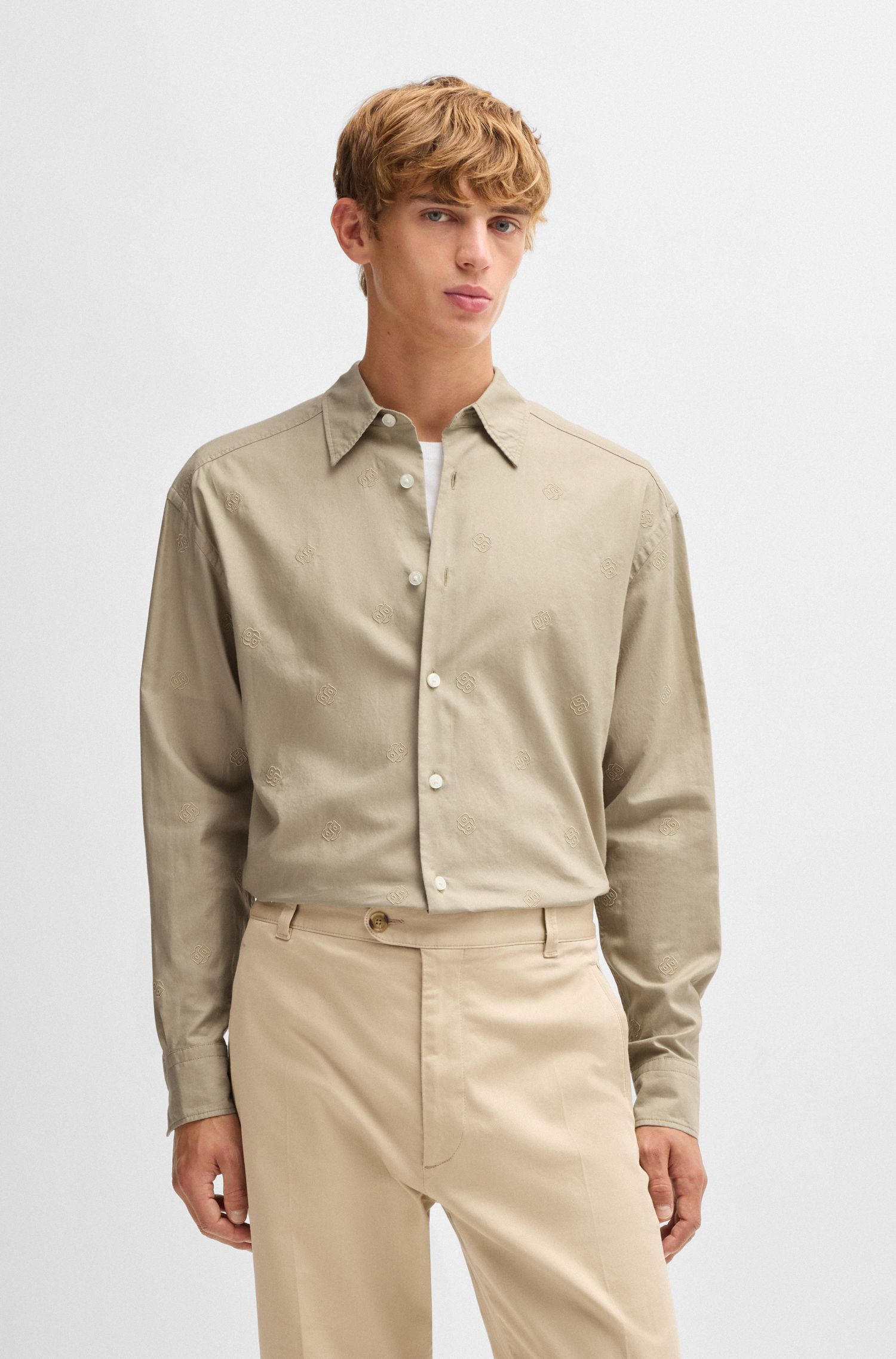 BOSS - Áo sơ mi dáng relaxed fit vải cotton với monogram Double B thêu