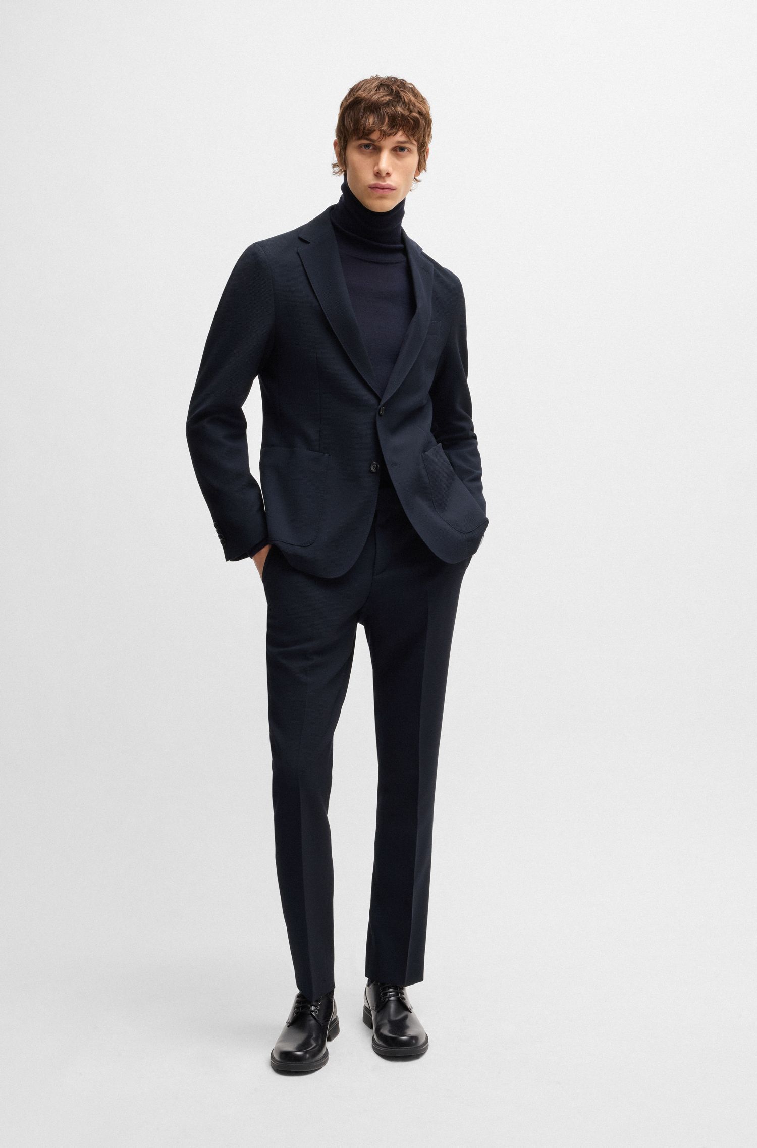 BOSS - Quần dài dáng slim fit vải piqué họa tiết nhỏ