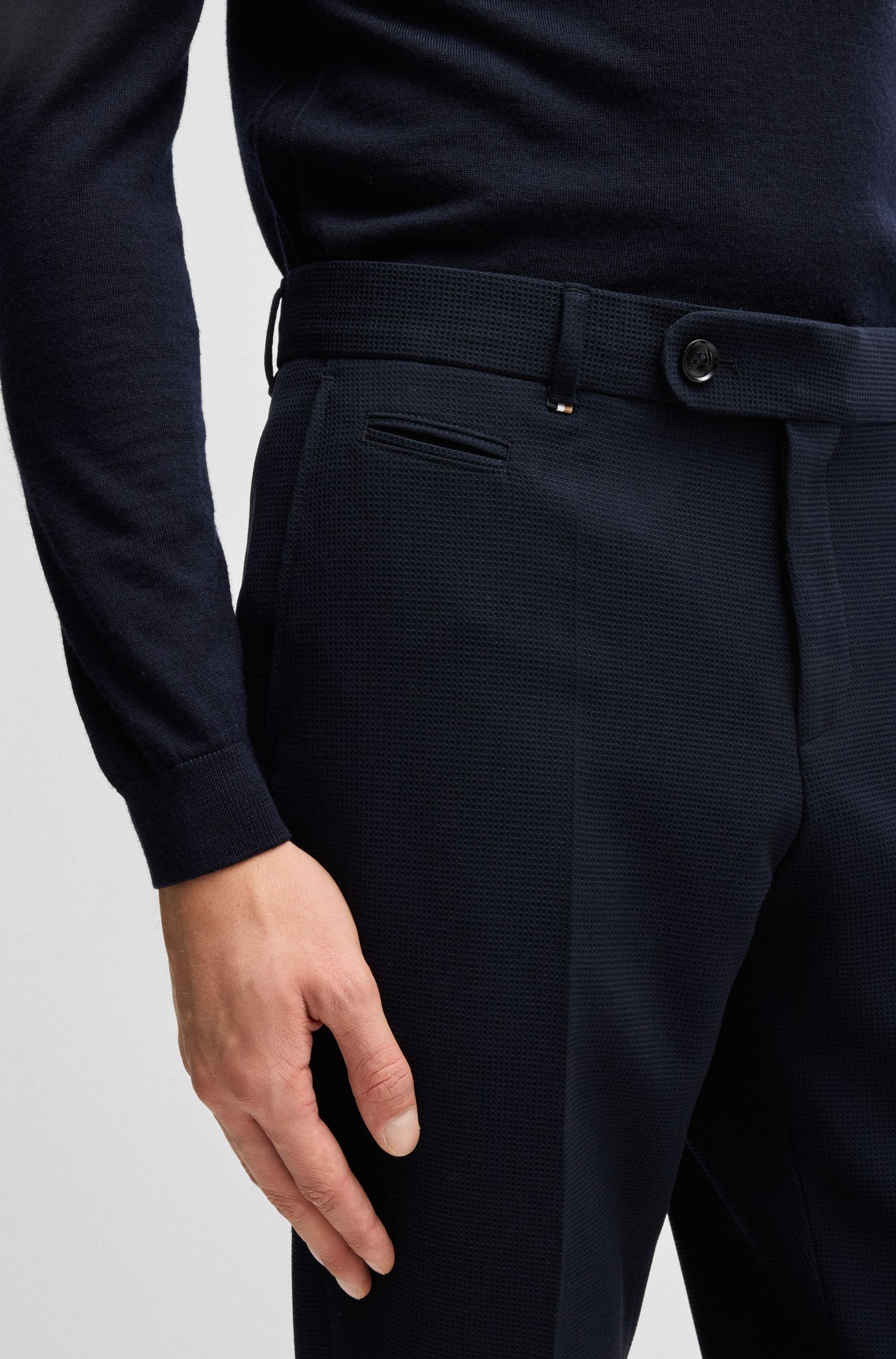 BOSS - Quần dài dáng slim fit vải piqué họa tiết nhỏ