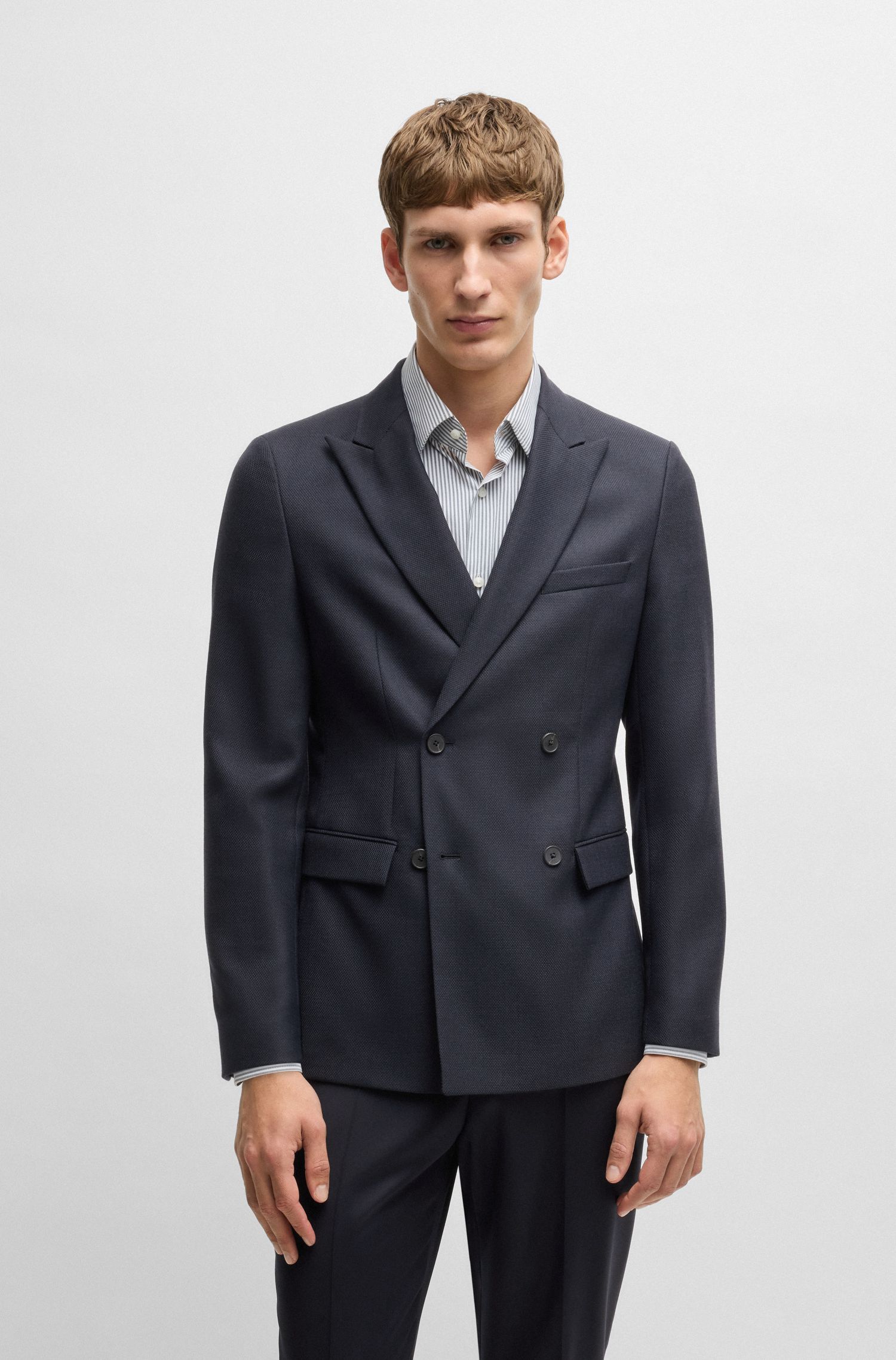 BOSS - Áo blazer dáng slim-fit vải co giãn họa tiết siêu nhỏ