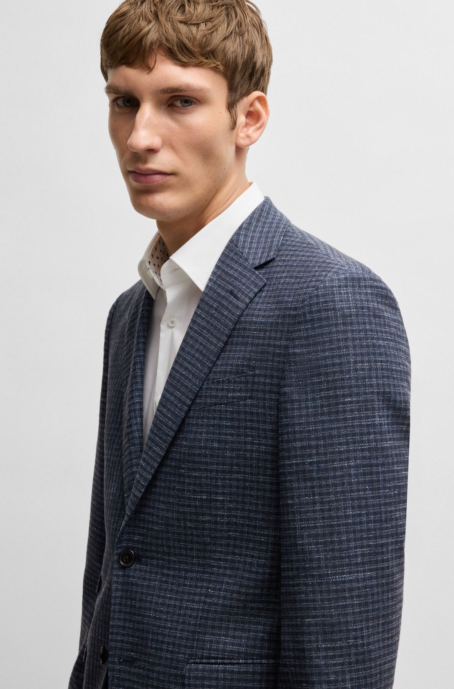 BOSS - Áo blazer dáng regular fit vải co giãn kẻ ô