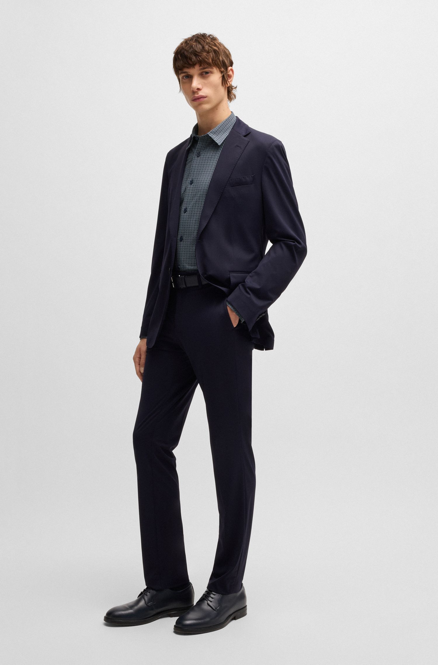 BOSS - Áo sơ mi slim-fit vải jersey co giãn hiệu suất cao in họa tiết