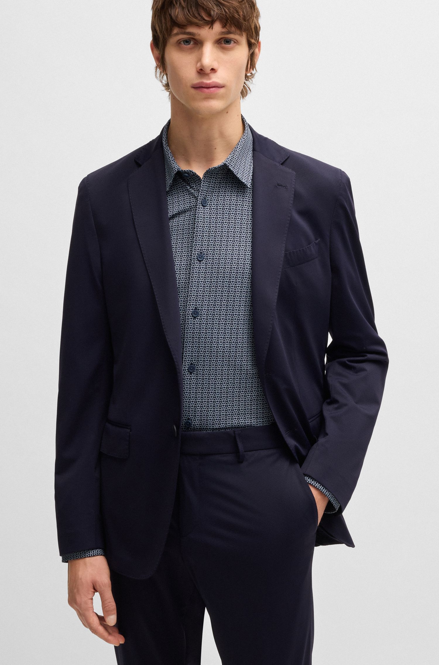 BOSS - Áo sơ mi slim-fit vải jersey co giãn hiệu suất cao in họa tiết