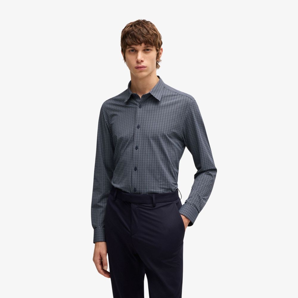 BOSS - Áo sơ mi slim-fit vải jersey co giãn hiệu suất cao in họa tiết