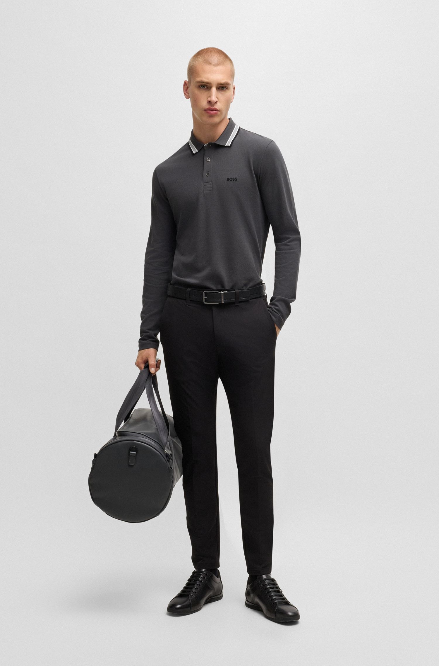 BOSS - Áo polo tay dài vải cotton piqué