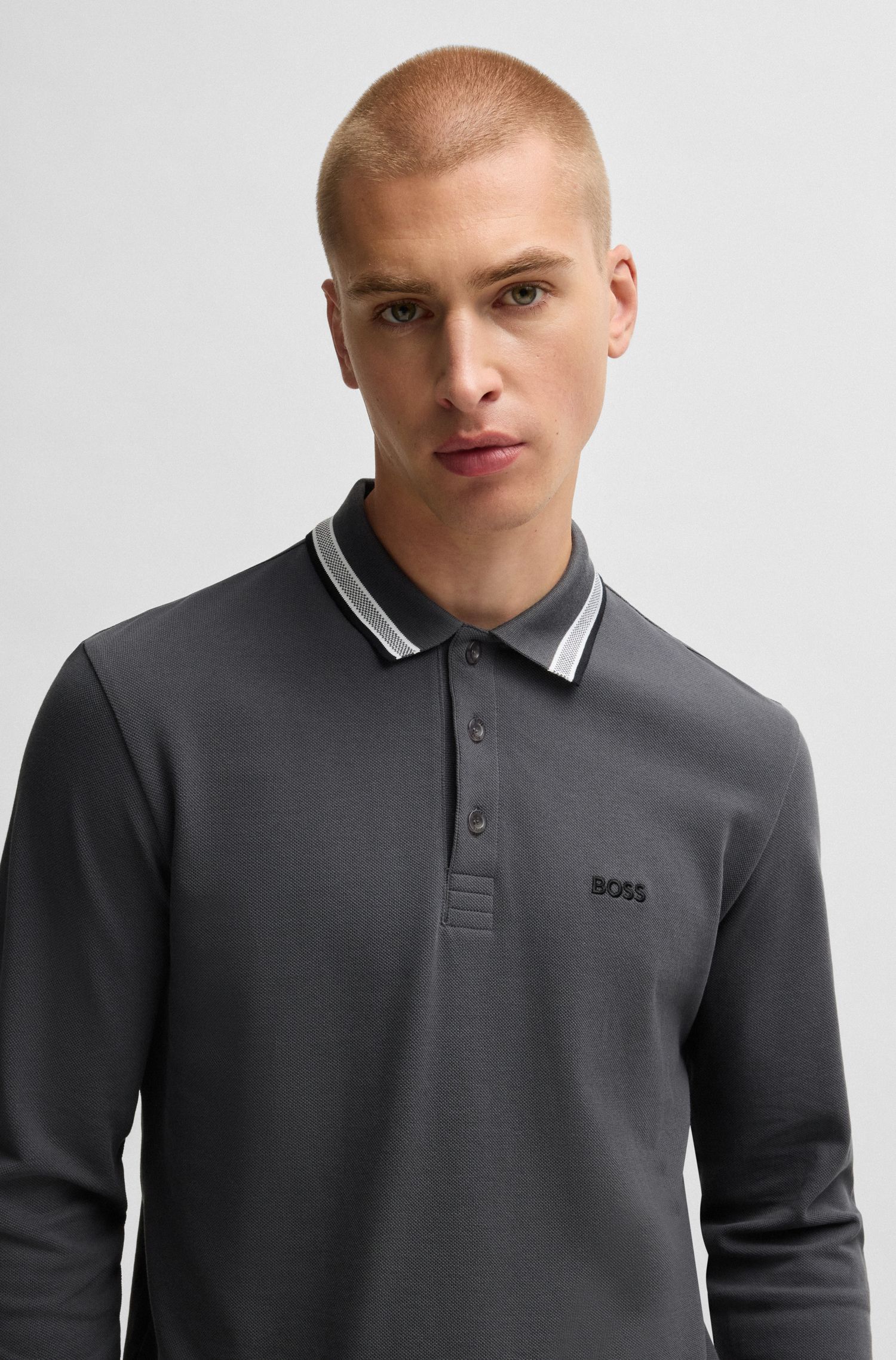 BOSS - Áo polo tay dài vải cotton piqué