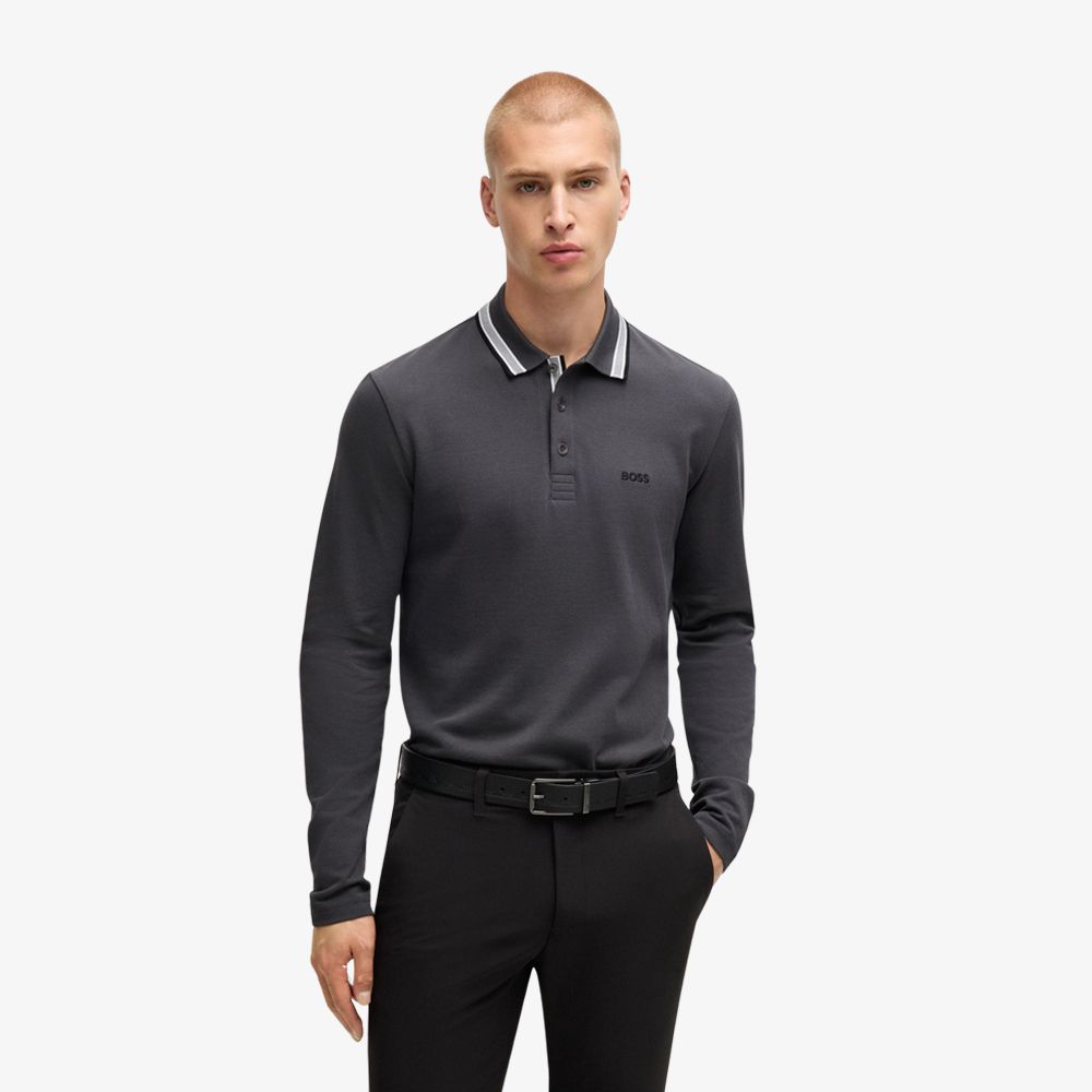 BOSS - Áo polo tay dài vải cotton piqué