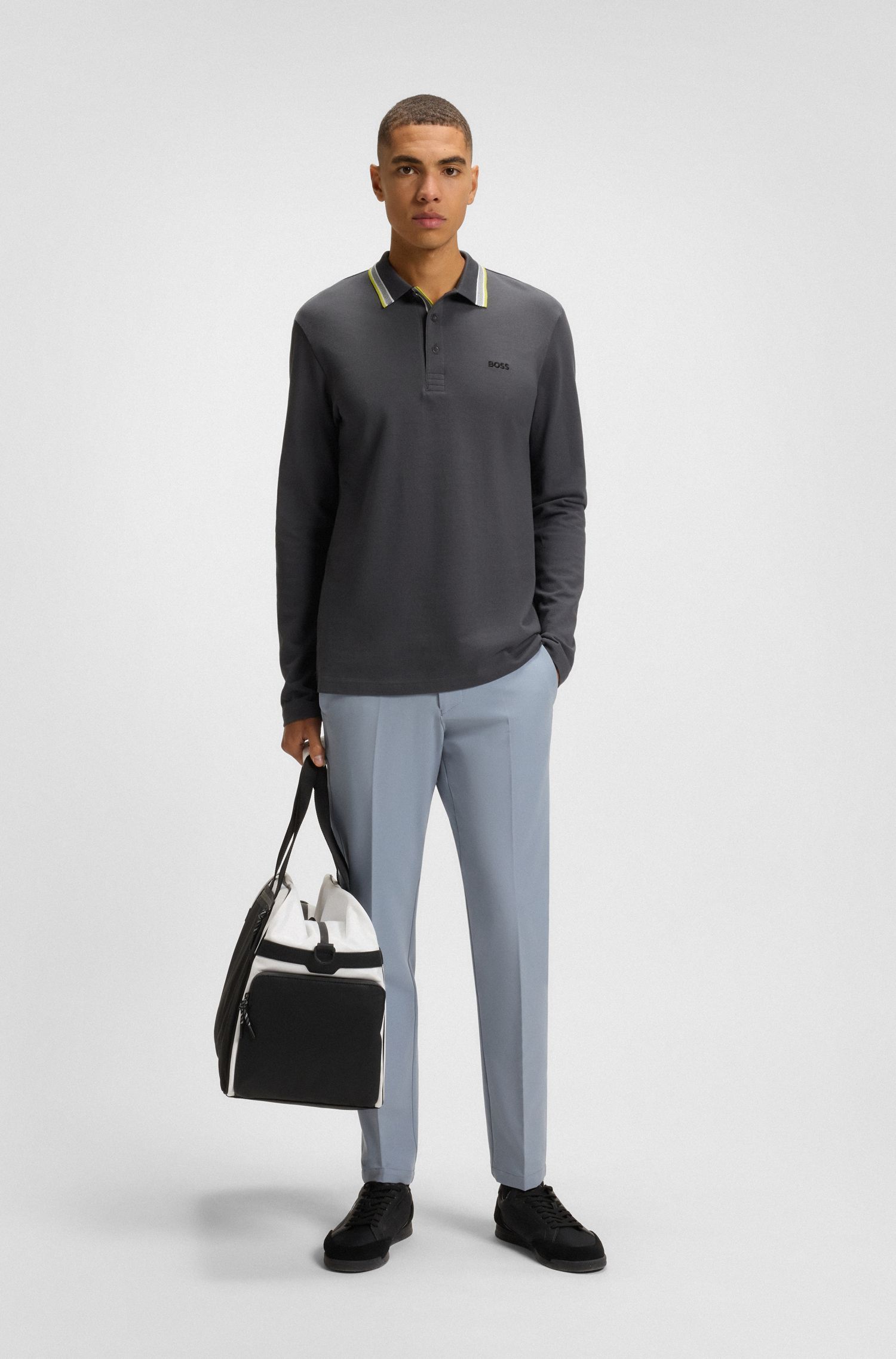 BOSS - Áo polo tay dài vải cotton piqué